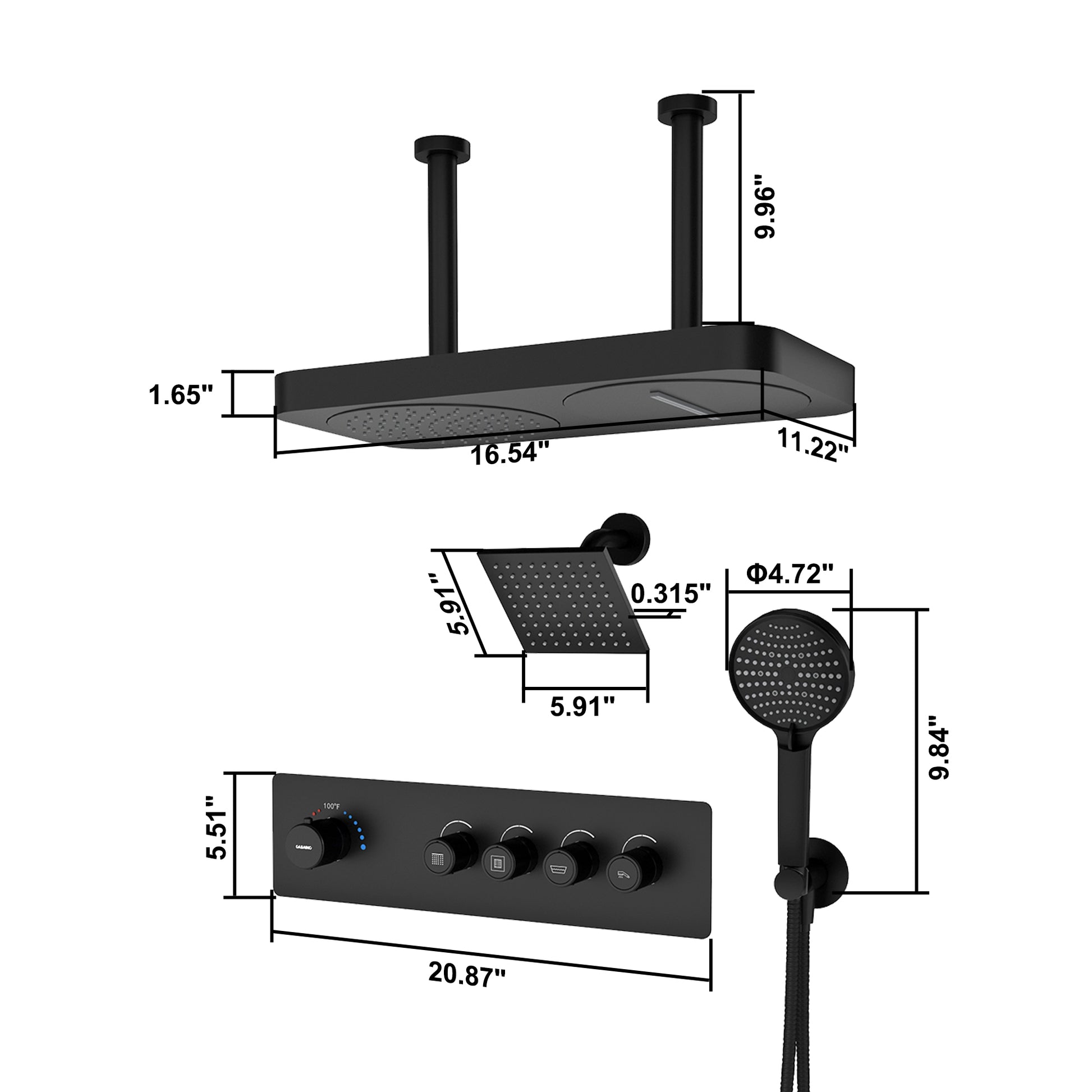 22.56*11.22 inch Ceiling-Mounted 4-Function Thermostatic Dual Shower System with Hand Shower
