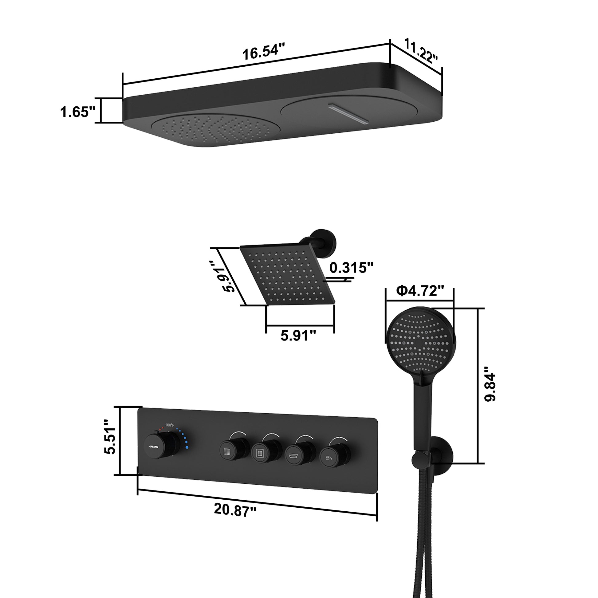 22.56" x 11.22" Flush-Mounted 4-Function Thermostatic Dual Shower Head System