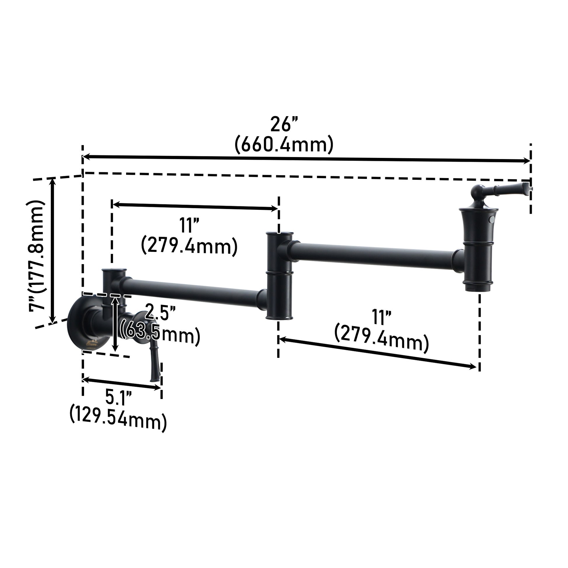 Wall-Mounted Kitchen Faucet with Dual Handles 360° Rotatable Pot Filler in Matte Black