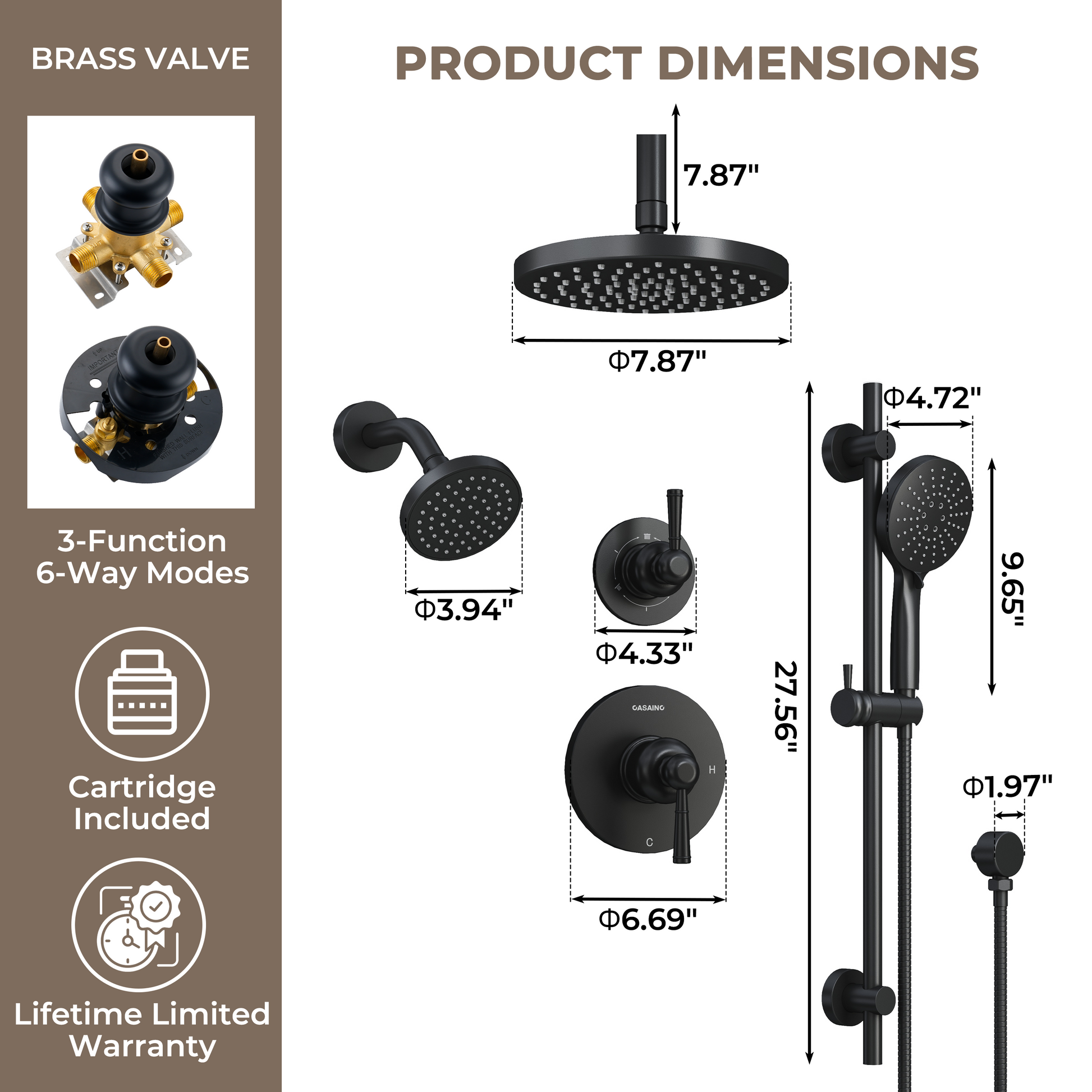 8-inch 3-Function Dual Shower Head System with 6 Spray Modes and Slide Bar