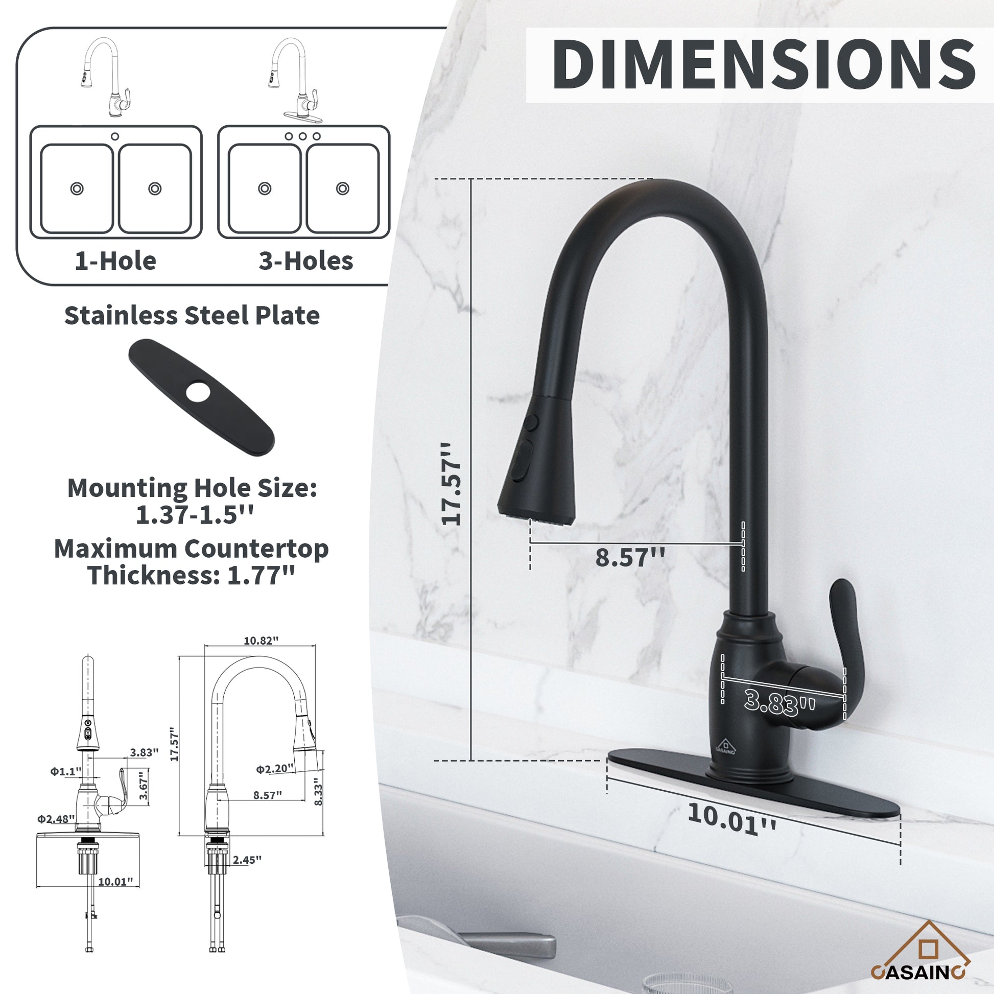 3-Function Spray Head Kitchen Sink Faucet with Pull Down Sprayer