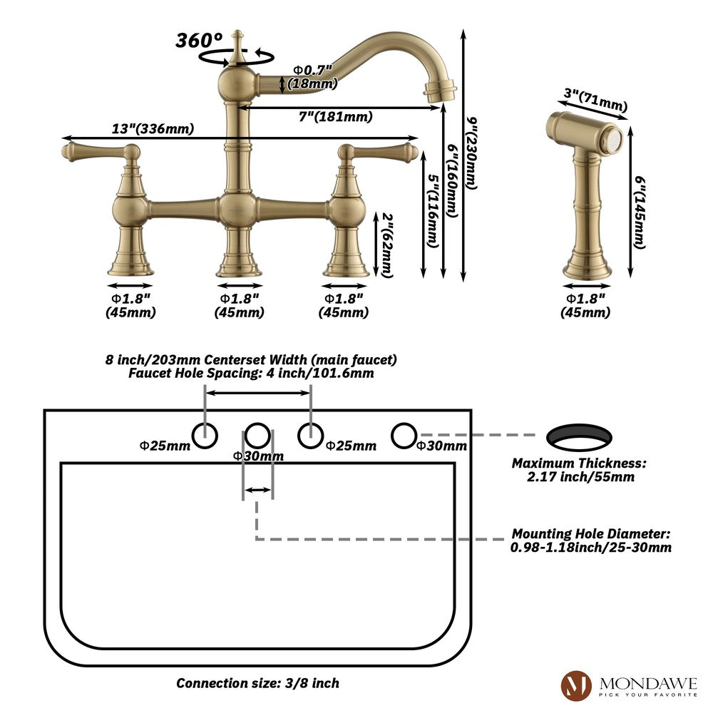 Vintage Dual-Handle Brass Kitchen Faucet with Side Spray