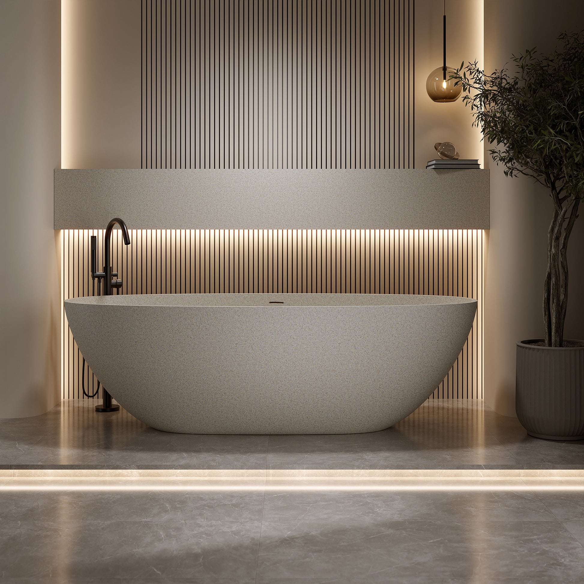 55"/59"/63"/67" Cream Grey Stone Resin Freestanding Soaking Bathtub with Center Overflow and Drain