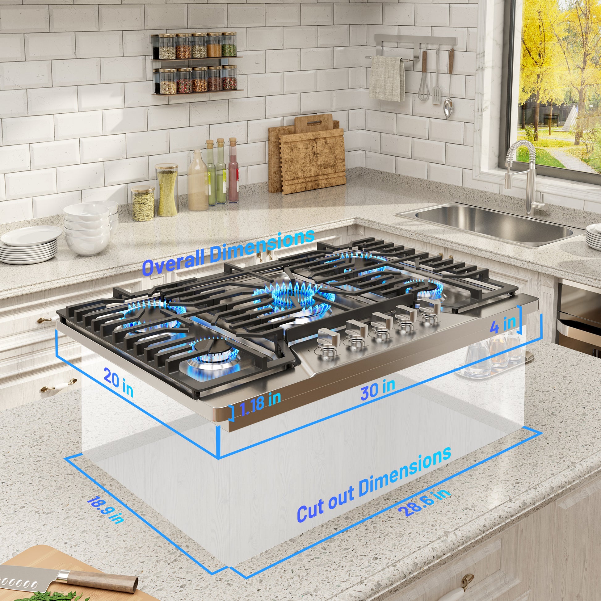 Built-in 30/36" Stainless Steel Gas Cooktop  with 5 Burners including Power Burners and LP Kit