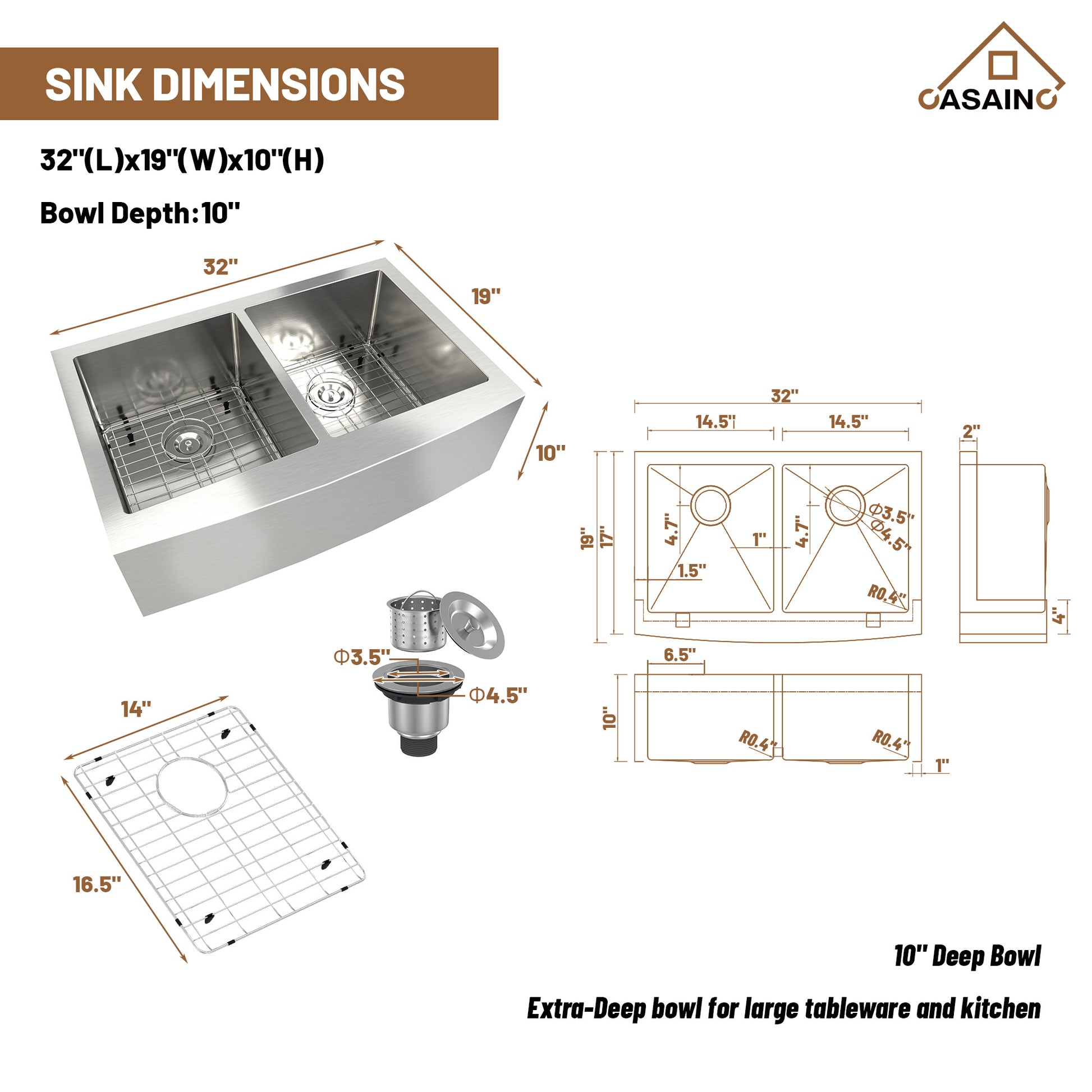 32 inch Undermount kitchen Sink Stainless Steel Sink 18 Gauge Double Bowl Kitchen Sinks Set
