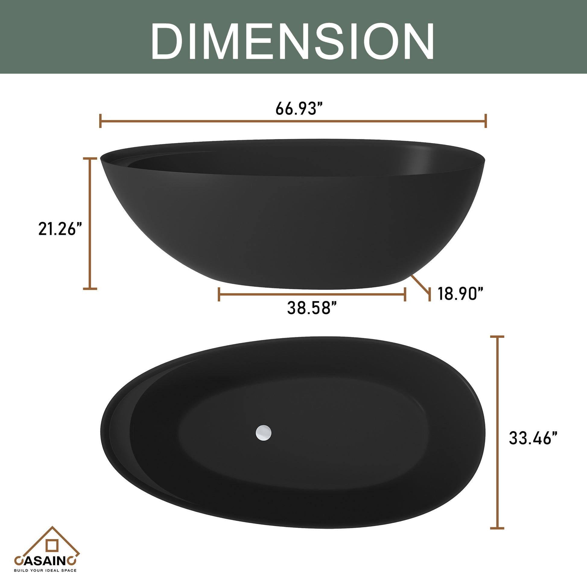 67" Solid Surface Freestanding Bathtub in (Matte Black& Grey)