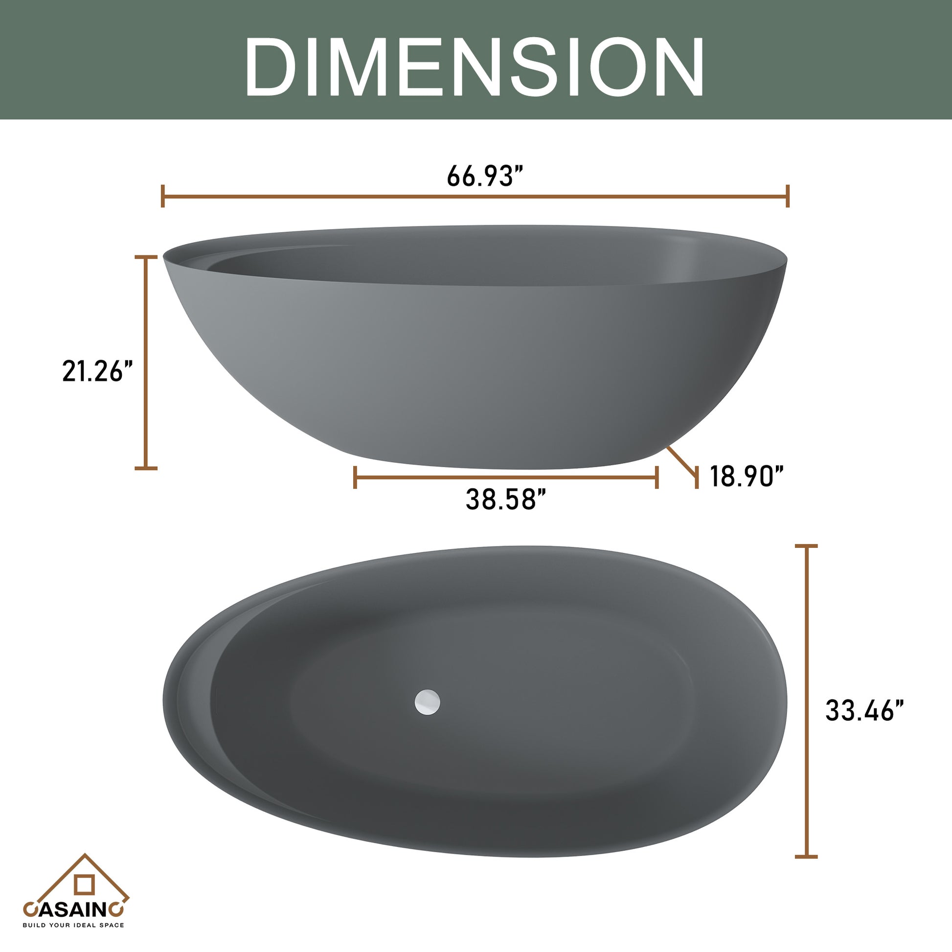 67" Solid Surface Freestanding Bathtub in (Matte Black& Grey)