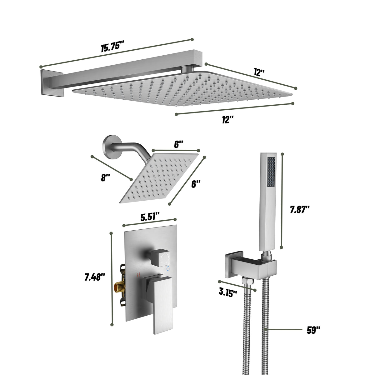 12" Dual Shower System with 3-Function & 6 Position Settings