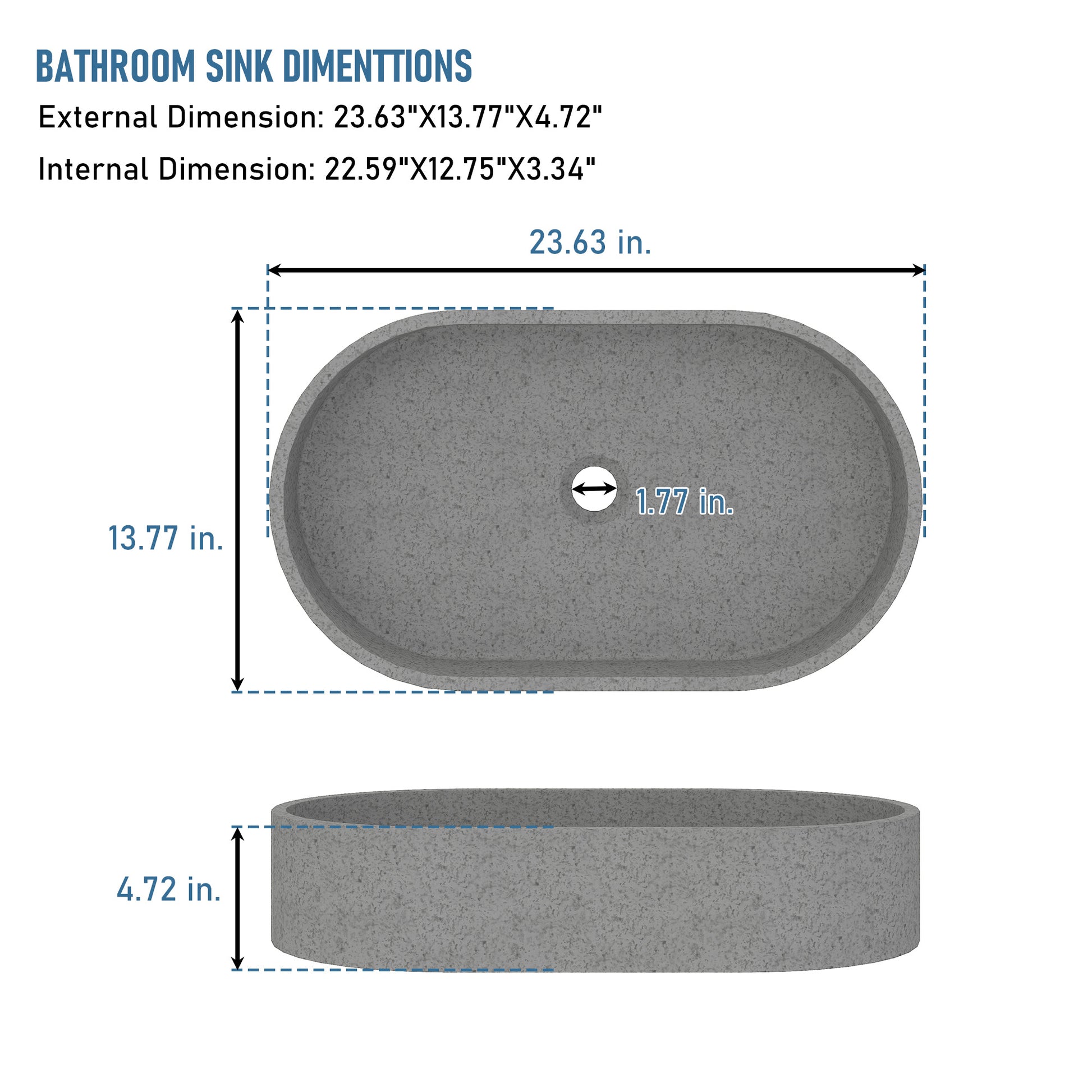 Concrete Oval Vessel Sink Bathroom Art Basin with the Same Color Drainer Black Earth / Mottled Bluish Grey / Cold Concrete Grey