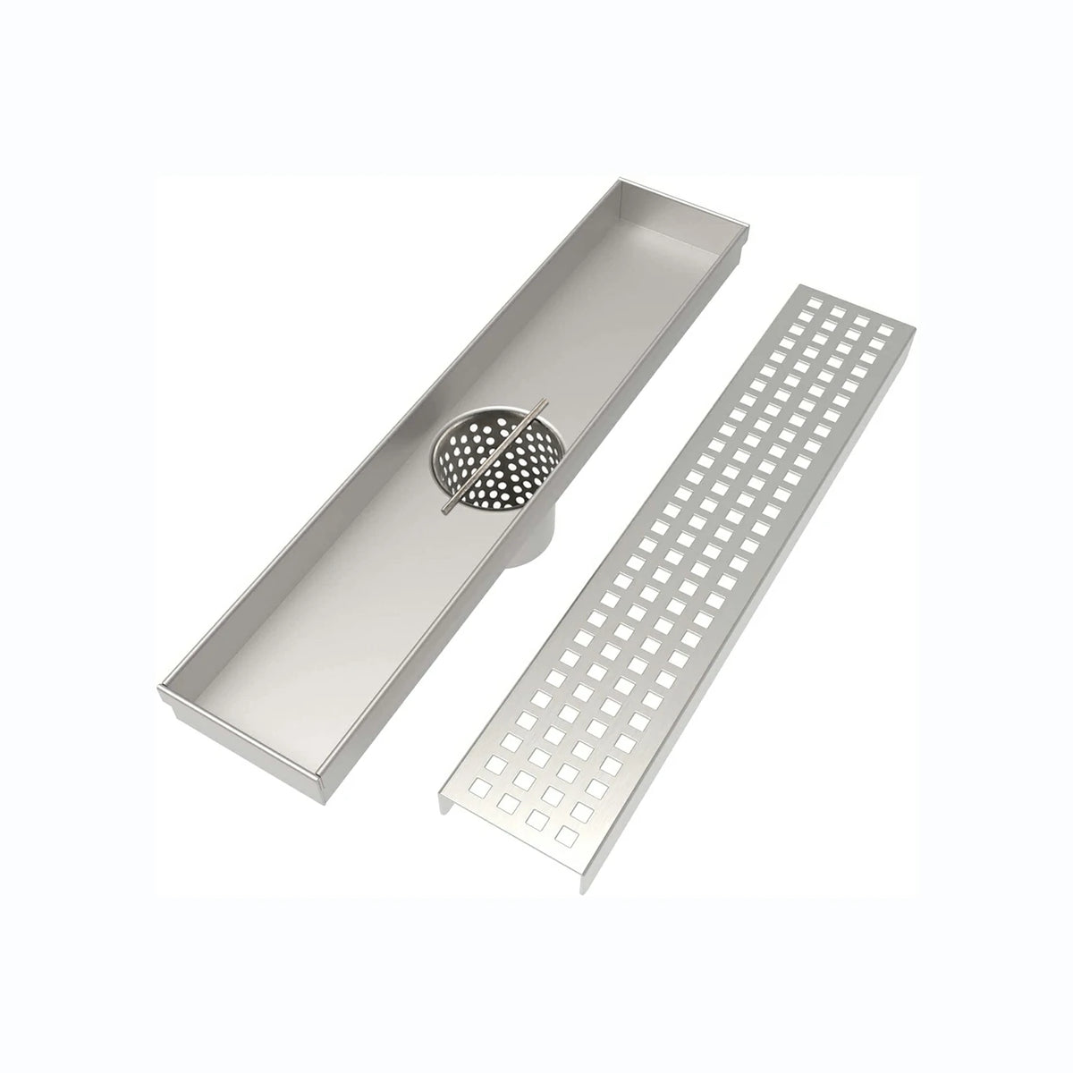 Linear Shower Drain with Removable Patterned Grate Cover Hair Strainer and Leveling Feet