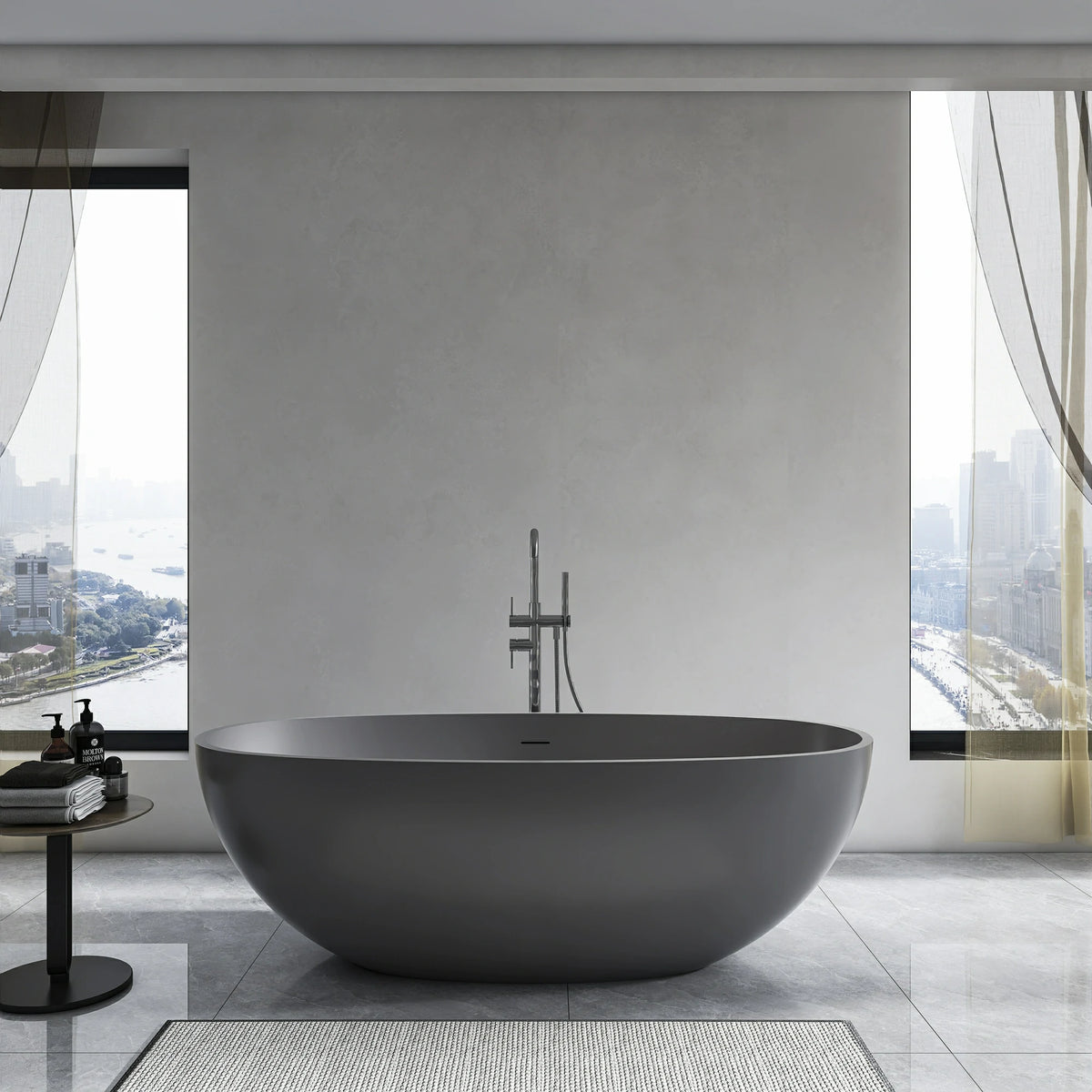 65.2" Matte Gray Solid Surface Freestanding Soaking Bathtub