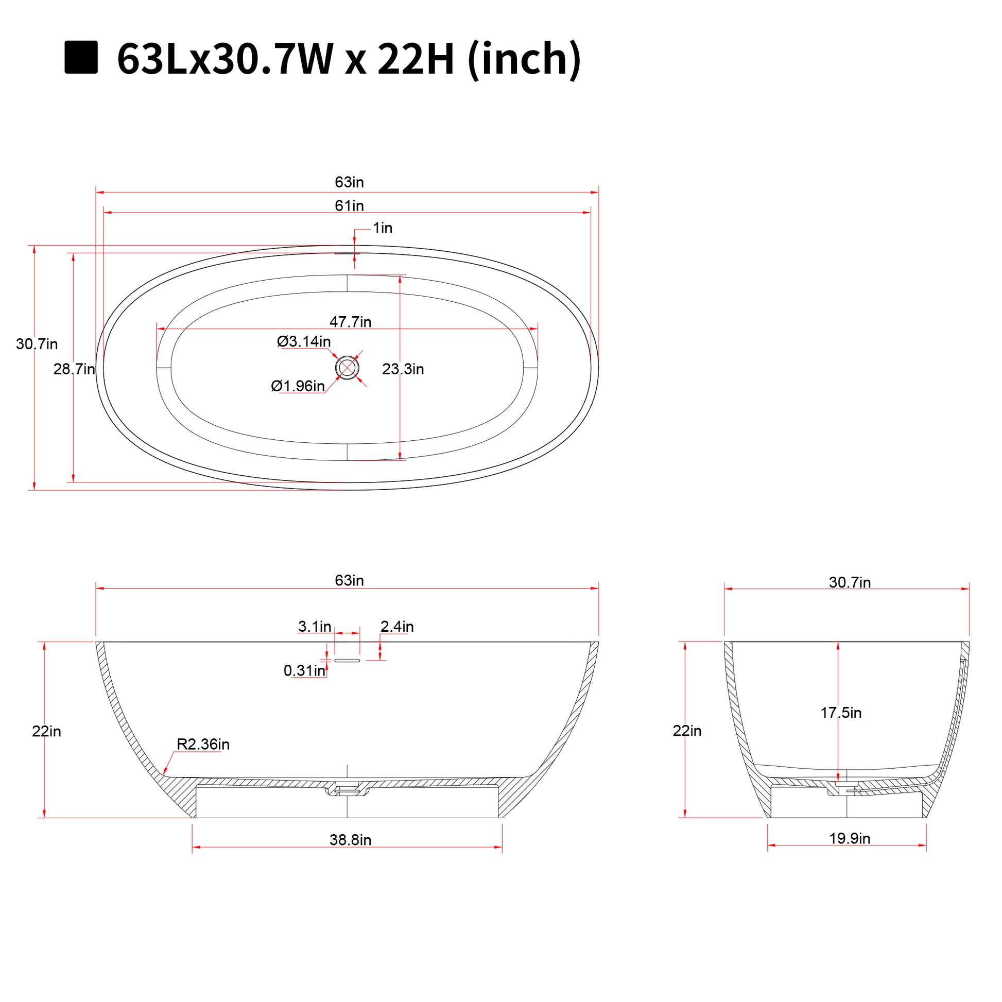55"/59"/63"/67" Cream Grey Stone Resin Freestanding Soaking Bathtub with Center Overflow and Drain