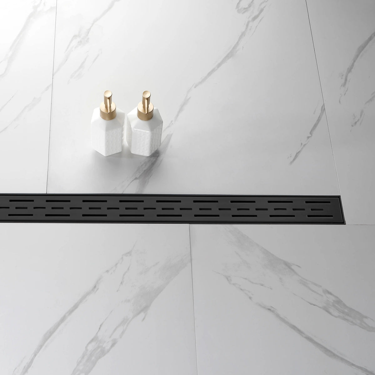 Linear Shower Drain with Brick Pattern Grate Cover and Hair Strainer in 304 Stainless Steel