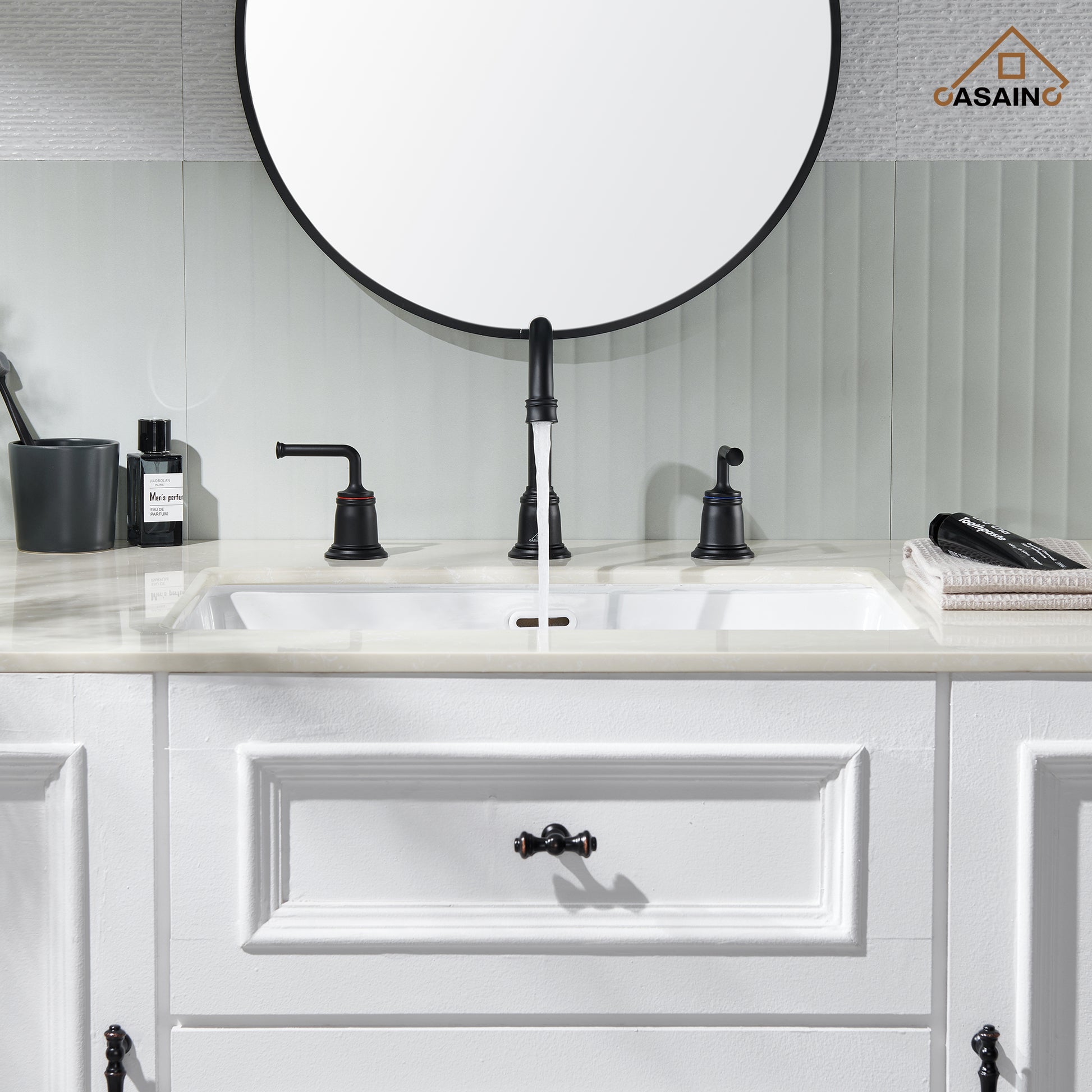 Casainc 8" Brass Bathroom Sink Faucet 2 Handle 3 Hole Gold Bathroom Faucet for Bathroom Sink with Pop-up Drain Assembly Widespread Vanity Faucets