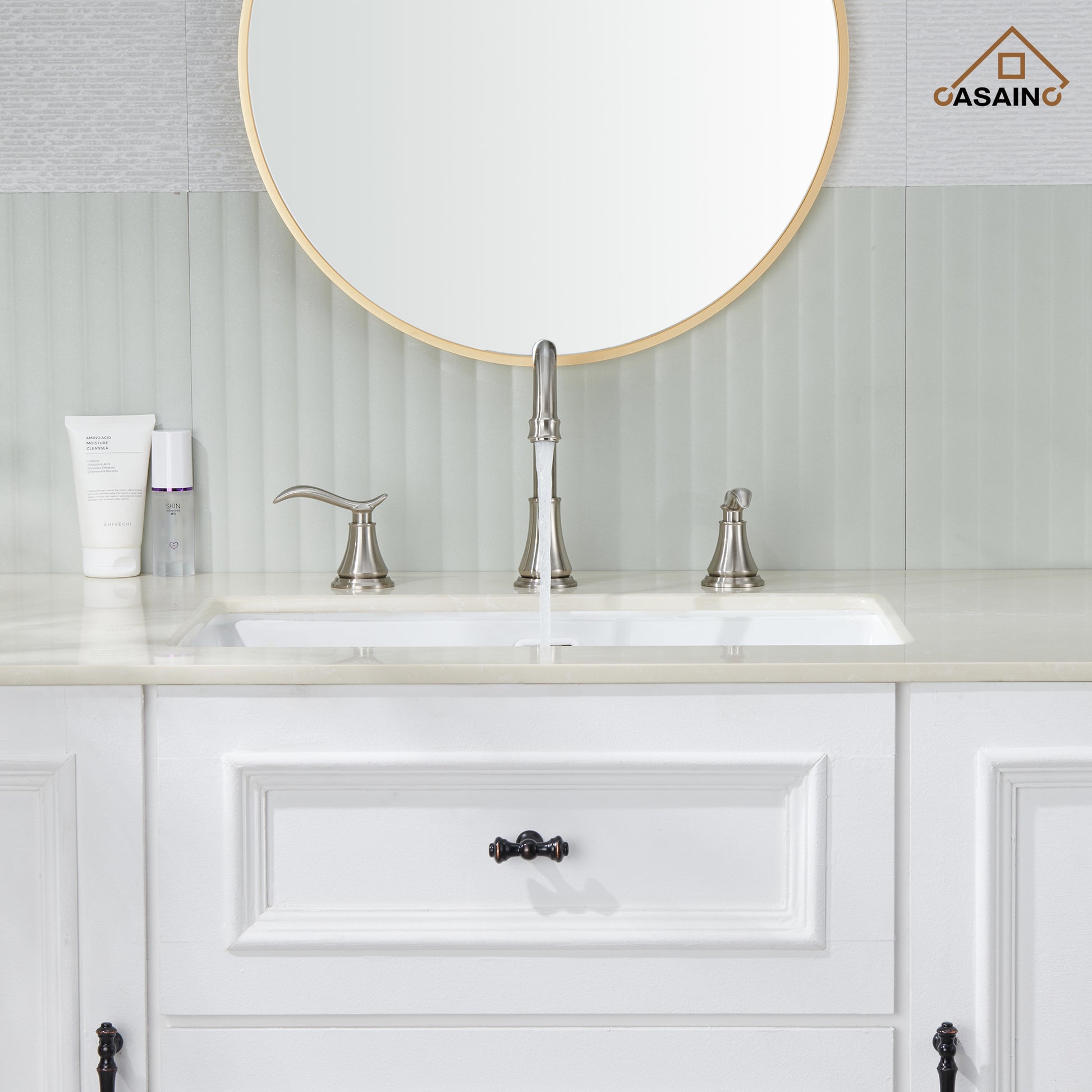 Casainc 8" Brass Bathroom Sink Faucet 2 Handle 3 Hole Gold Bathroom Faucet for Bathroom Sink with Pop-up Drain Assembly Widespread Vanity Faucets 360° Swivel Spout