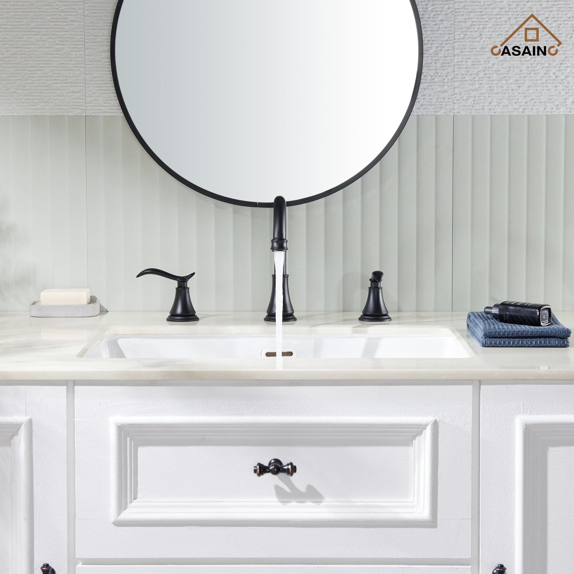 Casainc 8" Brass Bathroom Sink Faucet 2 Handle 3 Hole Gold Bathroom Faucet for Bathroom Sink with Pop-up Drain Assembly Widespread Vanity Faucets 360° Swivel Spout