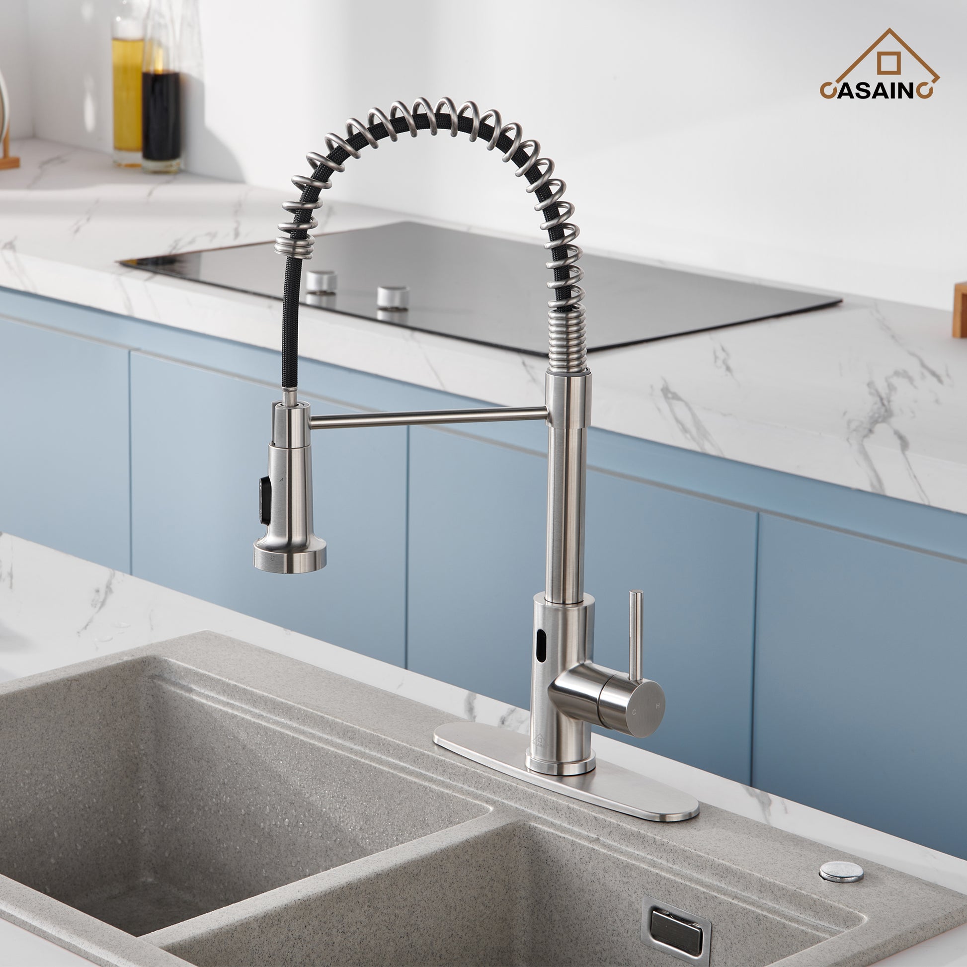 3-Mode Single Handle Pull-Down Sprayer Kitchen Faucet with Touchless Sensor and Includes Deckplate
