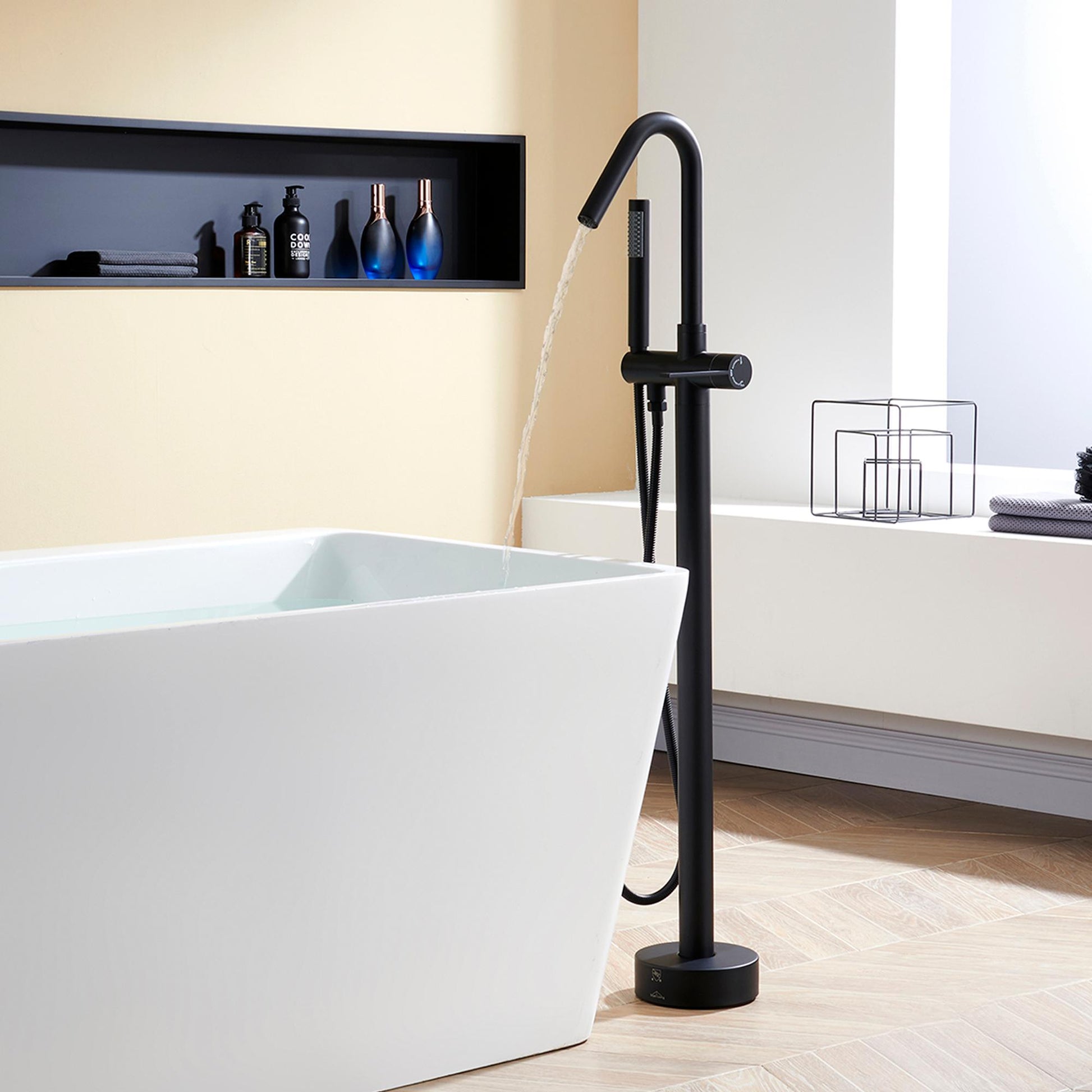 Solid Brass Floor Mount Bathtub Faucet with Hand Shower and High Arc Spout