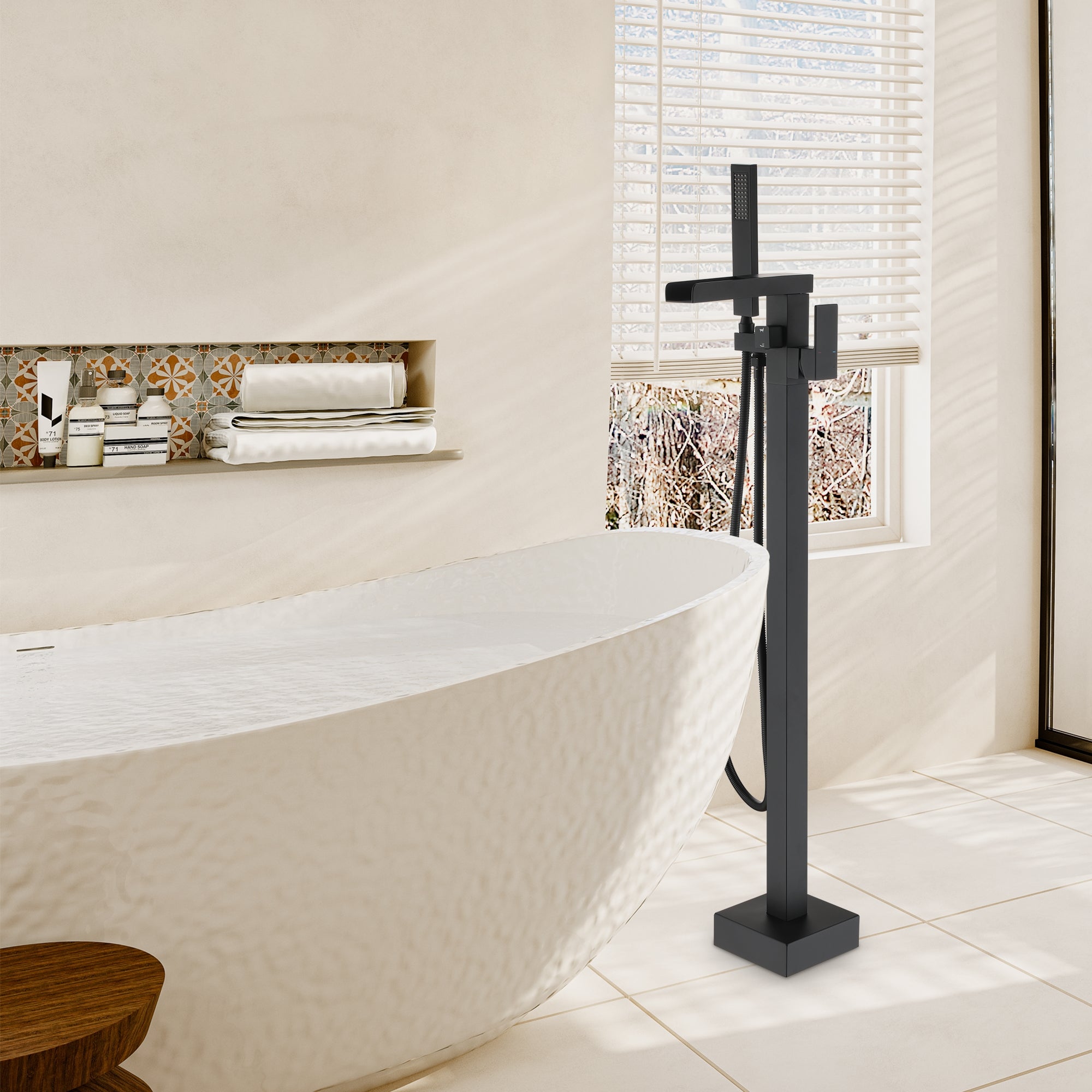 Single-Handle Freestanding Waterfall Bathtub Faucet with Handheld Shower