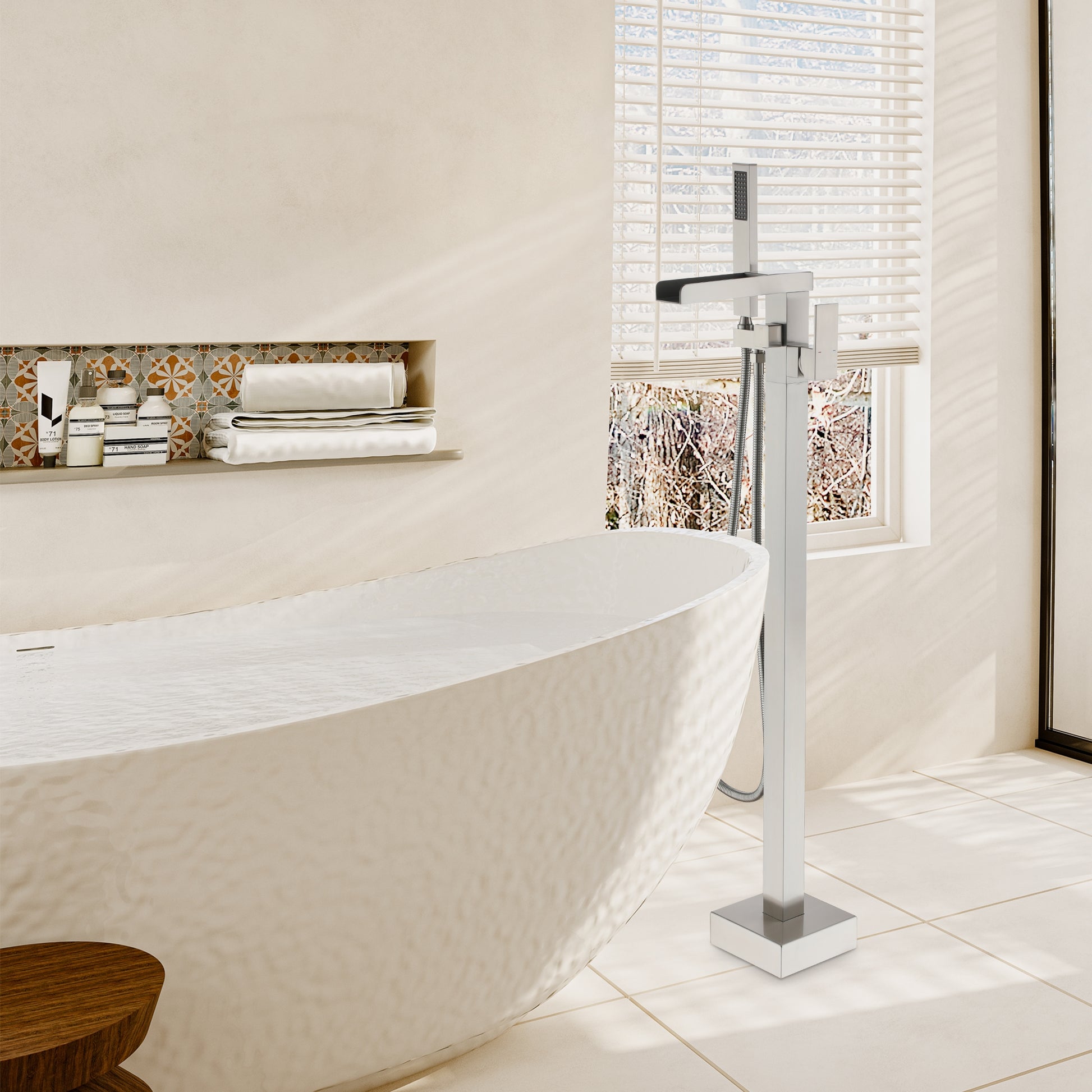 Single-Handle Freestanding Waterfall Bathtub Faucet with Handheld Shower