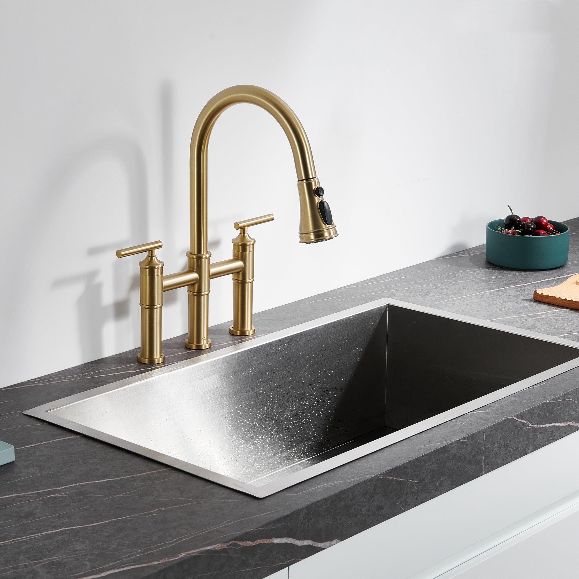 Bridge Style Pull-Down Kitchen Faucet with Double Handles & 3-Mode Spray