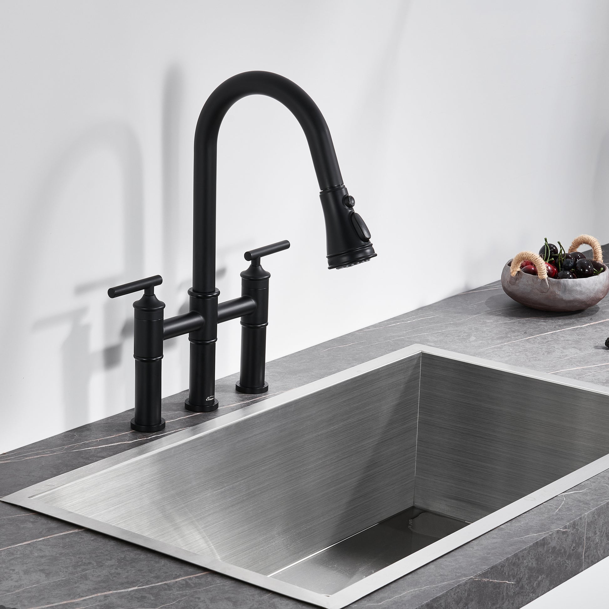 Bridge Style Pull-Down Kitchen Faucet with Double Handles & 3-Mode Spray
