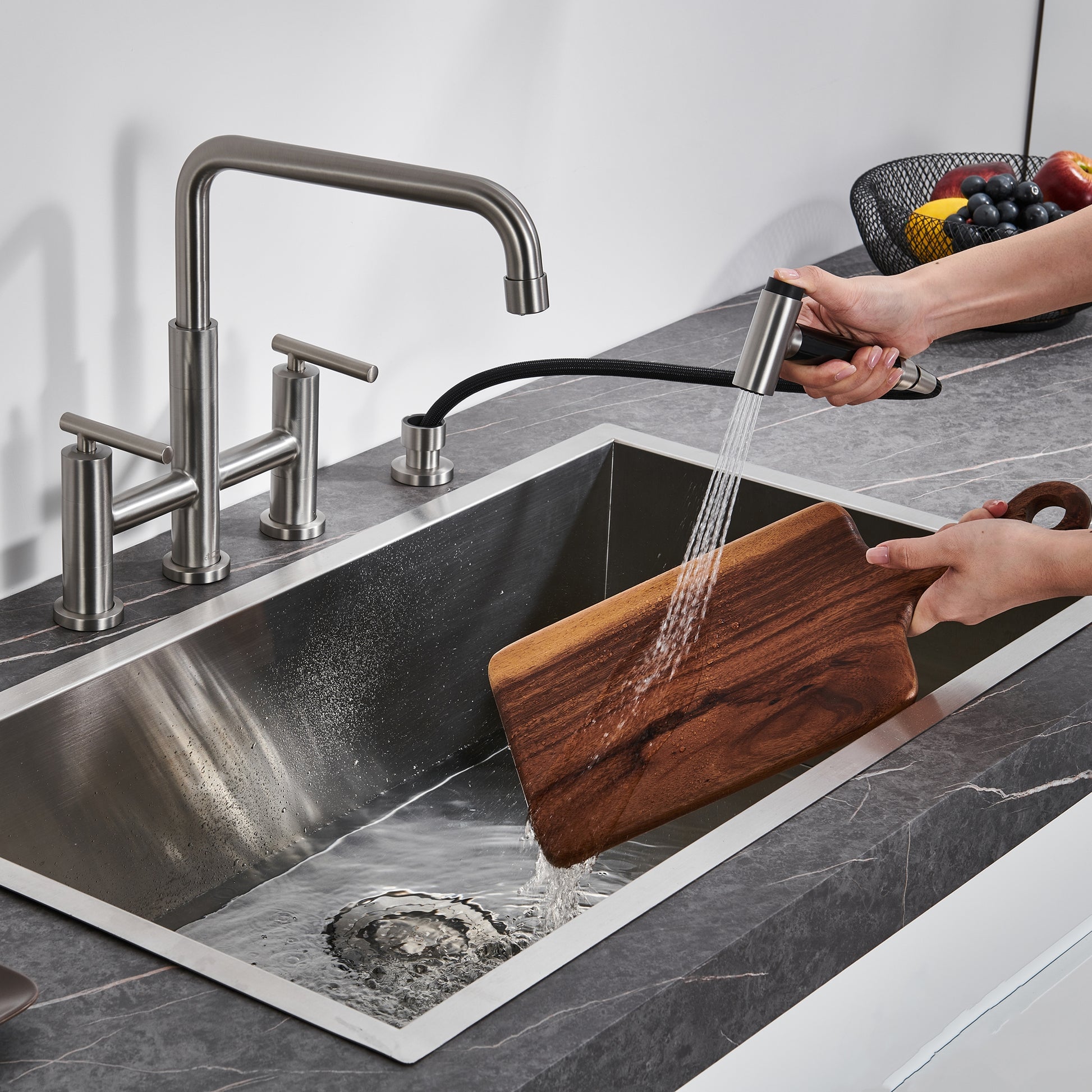 Pull-Down Bridge Kitchen Faucet with Double Handles & Bubbler Aerator