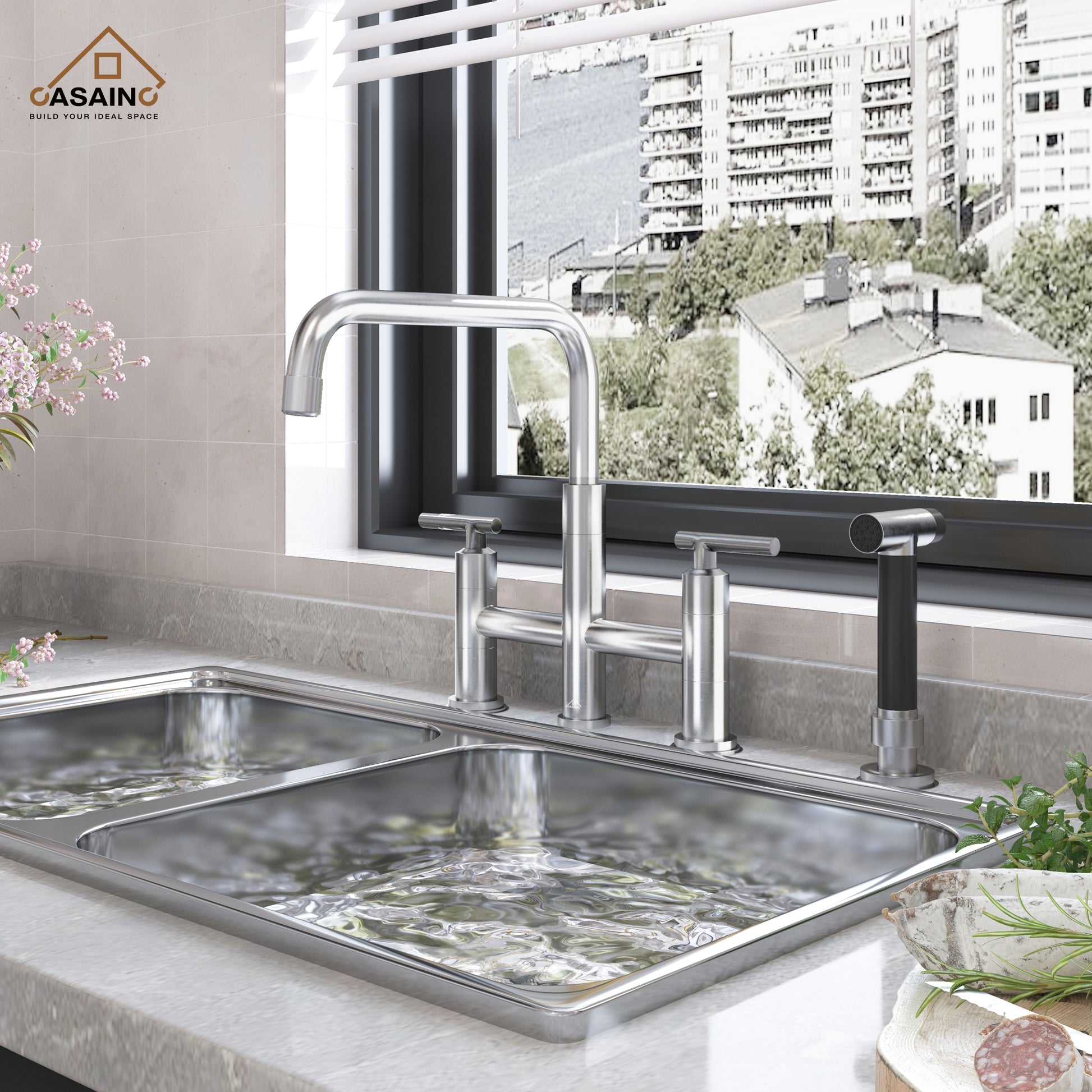 2-Handle Bridge Kitchen Faucet with Pull-Out Side Sprayer in Matte Black/Brushed Nickel/Brushed Gold