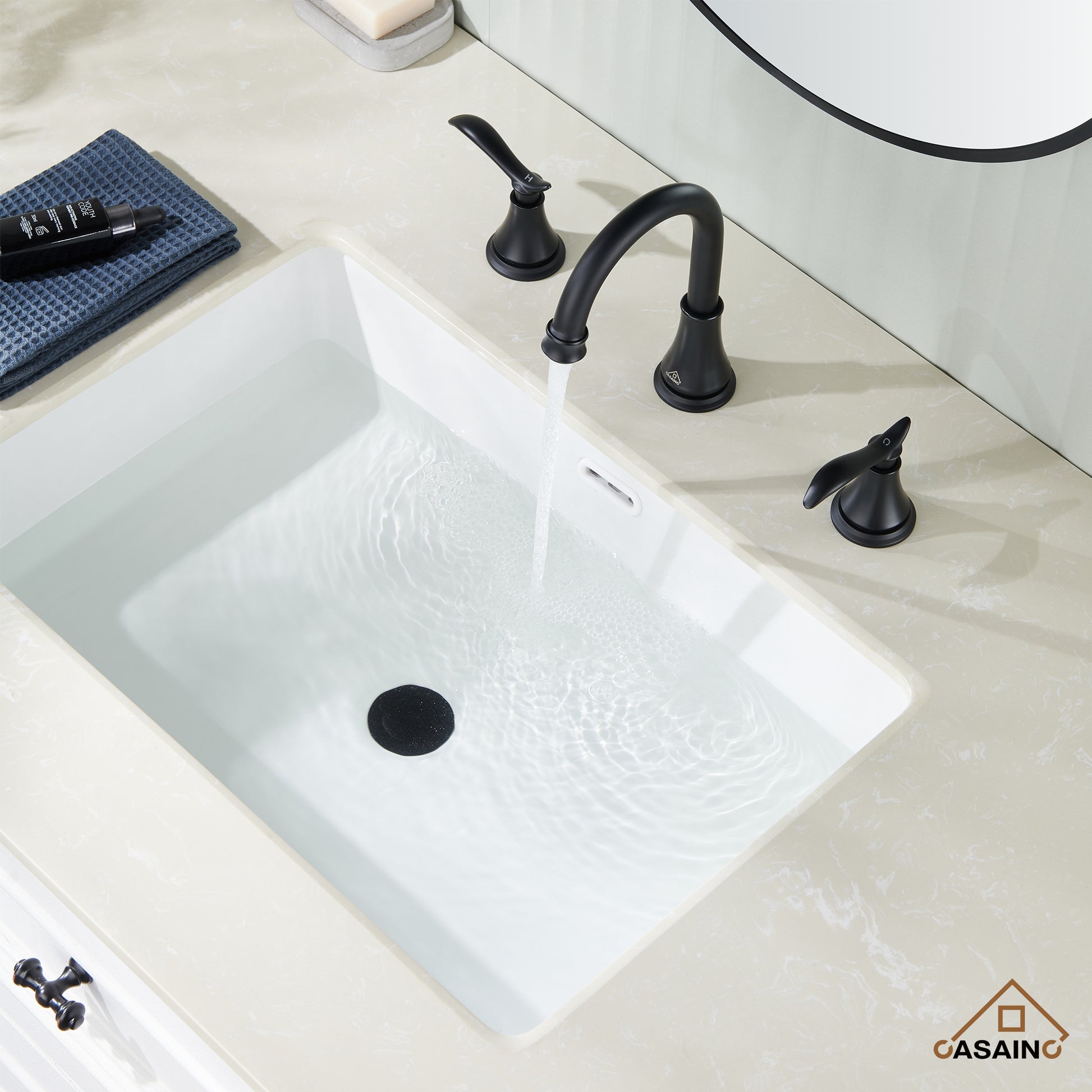 Casainc 8" Brass Bathroom Sink Faucet 2 Handle 3 Hole Gold Bathroom Faucet for Bathroom Sink with Pop-up Drain Assembly Widespread Vanity Faucets 360° Swivel Spout