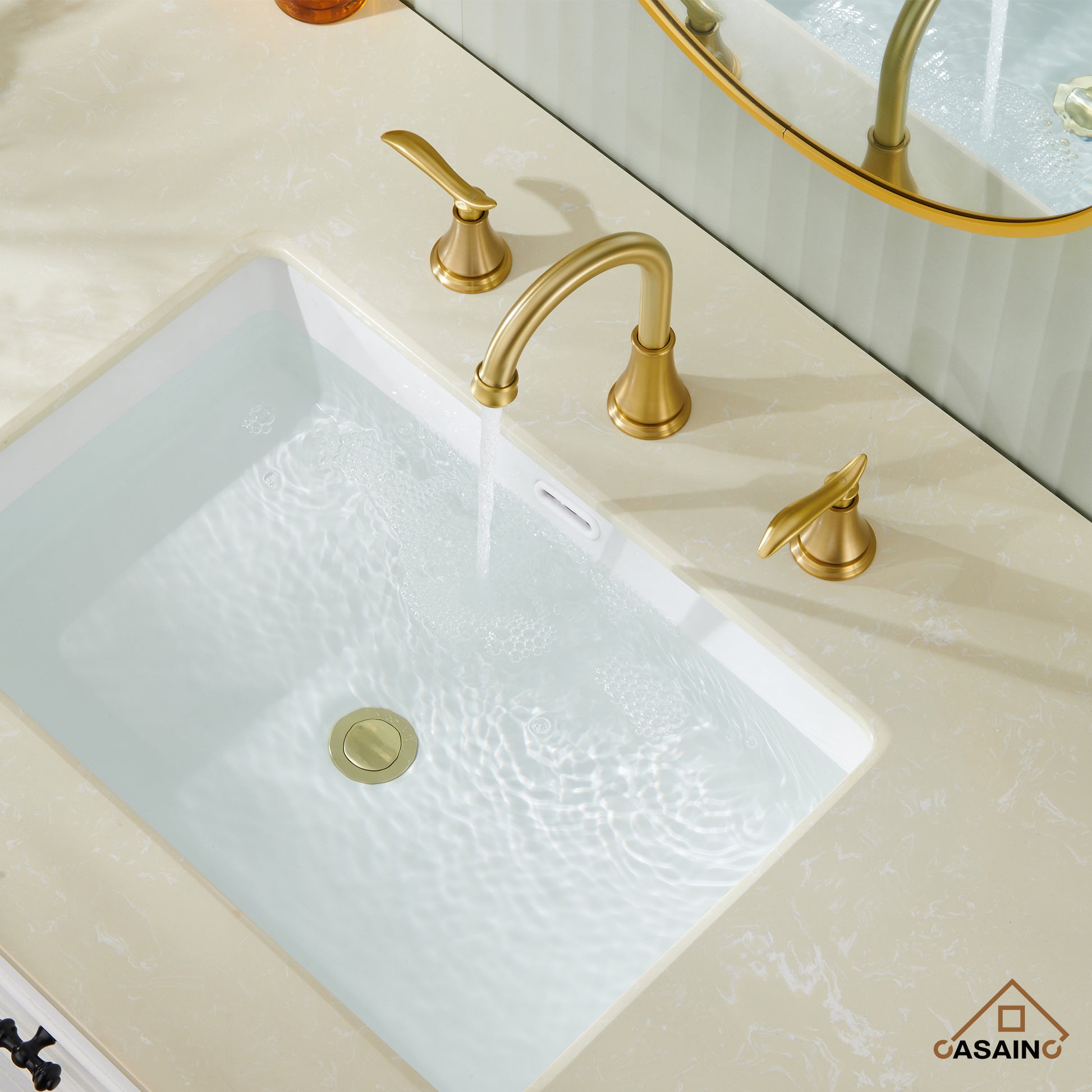 Casainc 8" Brass Bathroom Sink Faucet 2 Handle 3 Hole Gold Bathroom Faucet for Bathroom Sink with Pop-up Drain Assembly Widespread Vanity Faucets 360° Swivel Spout