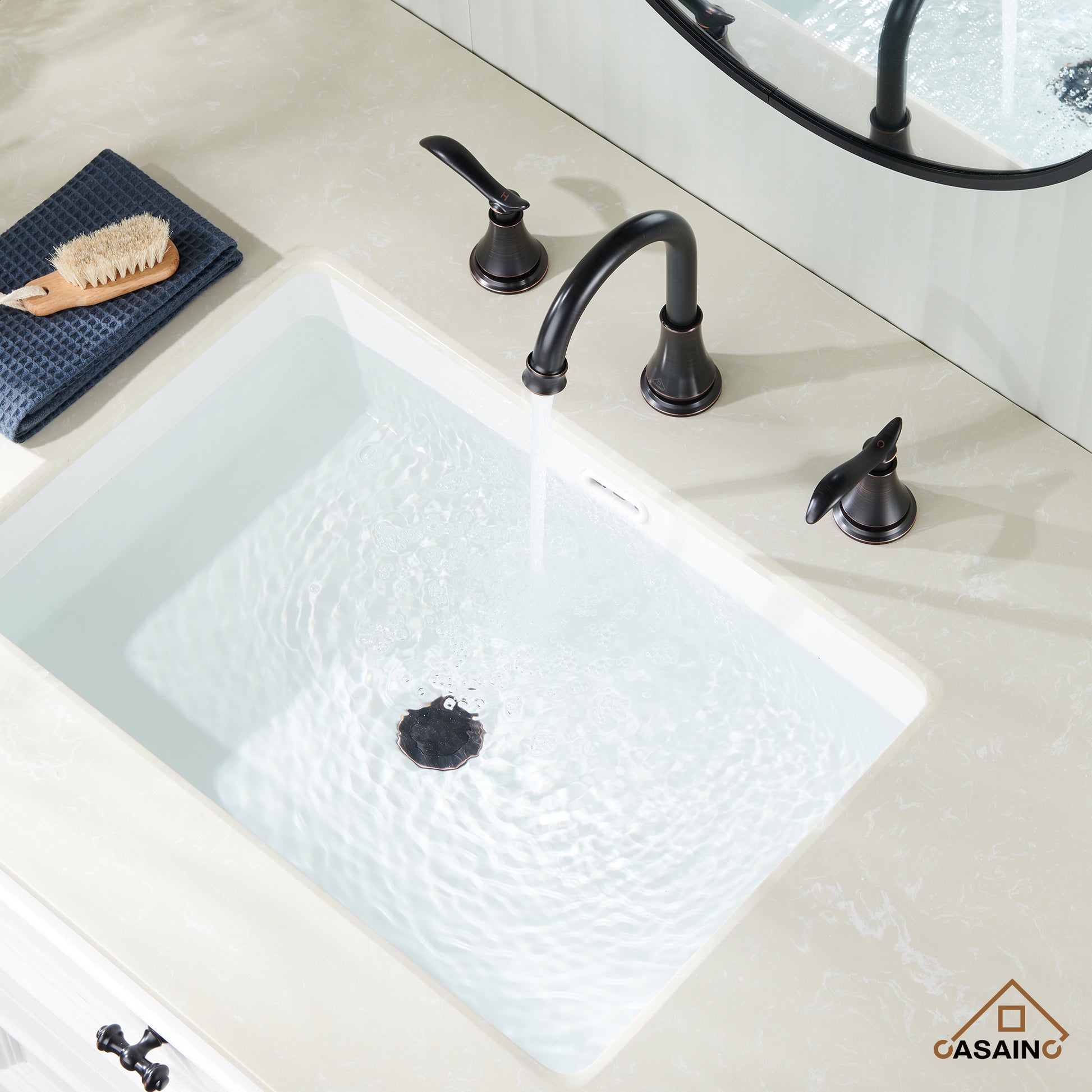 Casainc 8" Brass Bathroom Sink Faucet 2 Handle 3 Hole Gold Bathroom Faucet for Bathroom Sink with Pop-up Drain Assembly Widespread Vanity Faucets 360° Swivel Spout