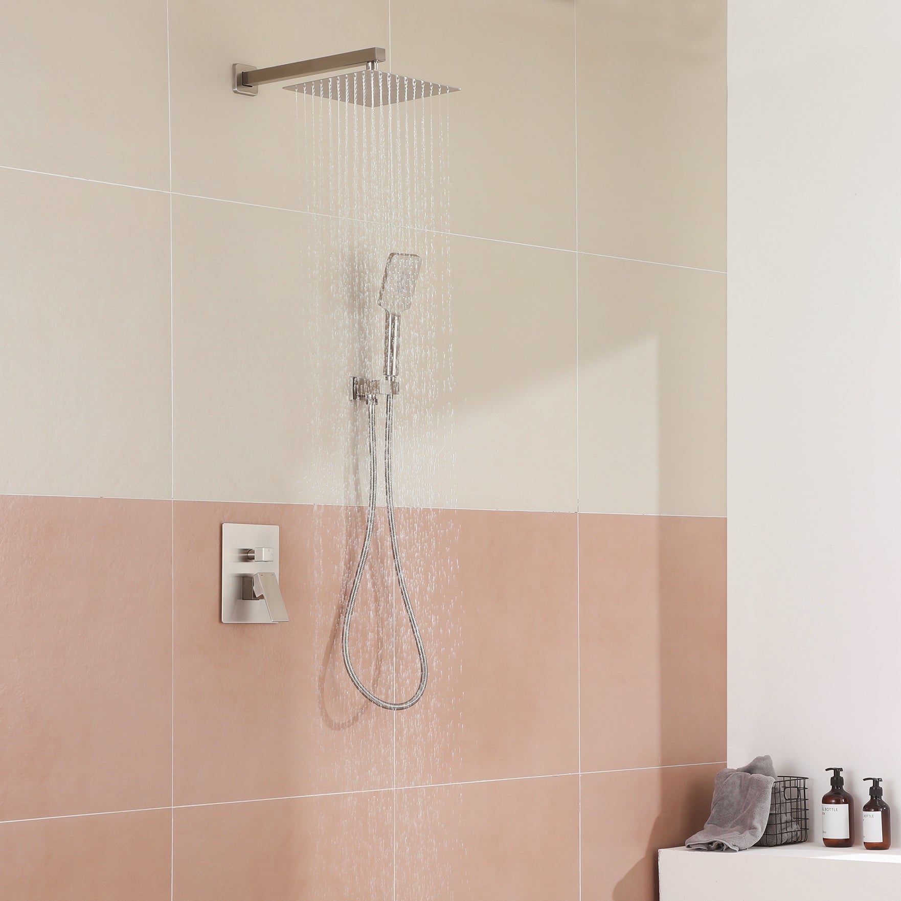 10-inch/12-inch Rain Shower System with 3-Spray Pattern Hand Shower in Brushed Nickel