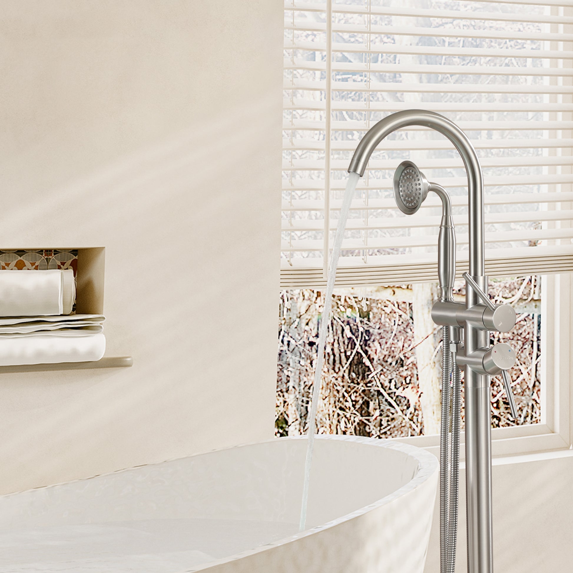 Freestanding Bathtub Faucet with Handheld Shower & Double Handles