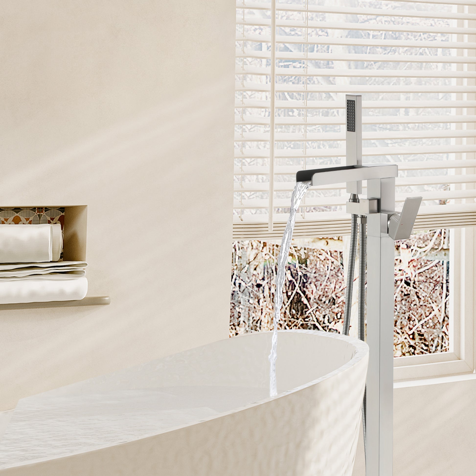 Single-Handle Freestanding Waterfall Bathtub Faucet with Handheld Shower