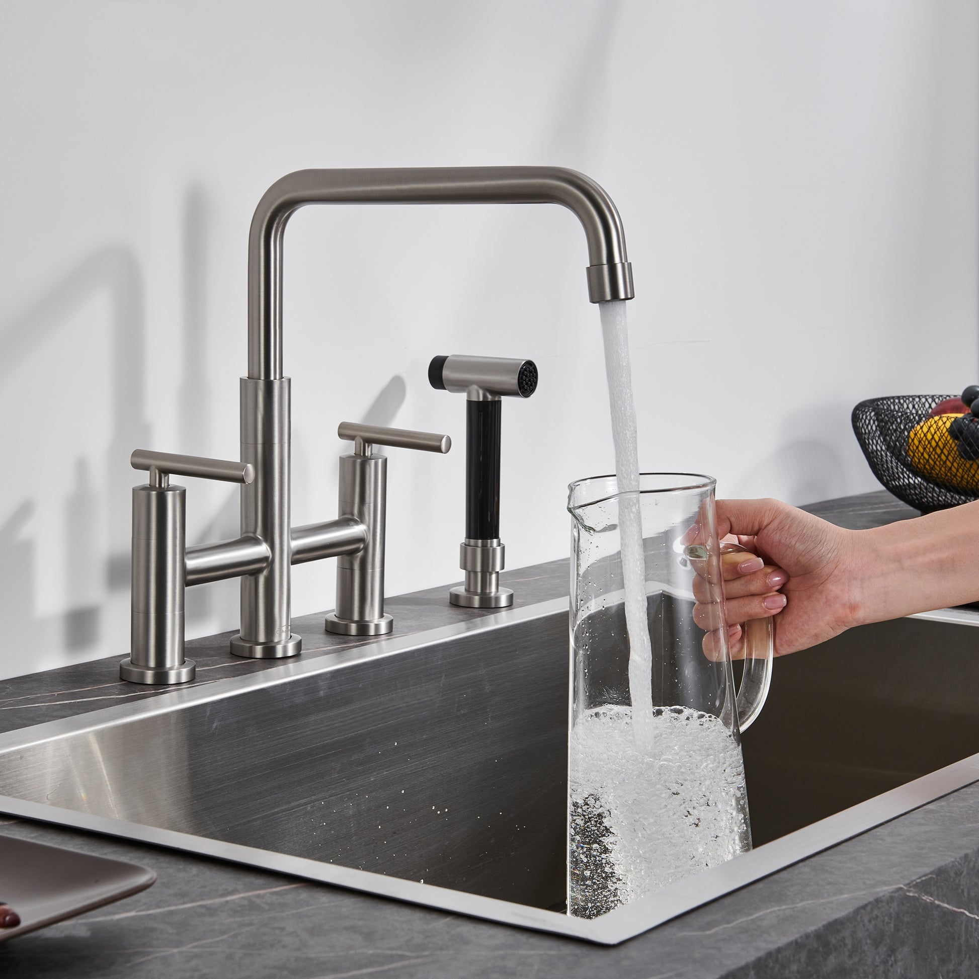 Pull-Down Bridge Kitchen Faucet with Double Handles & Bubbler Aerator