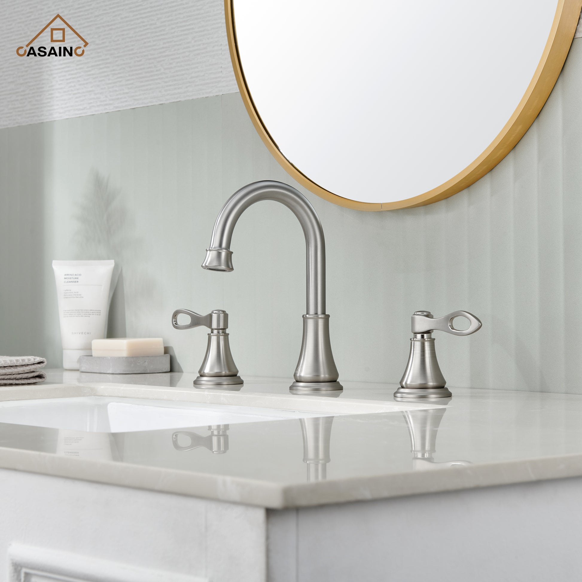 Casainc 8" Brass Bathroom Sink Faucet 3 Hole Gold Bathroom Faucet  2 Handle Gold Faucet for Bathroom Sink with Pop-up Drain Assembly Widespread Vanity Faucets