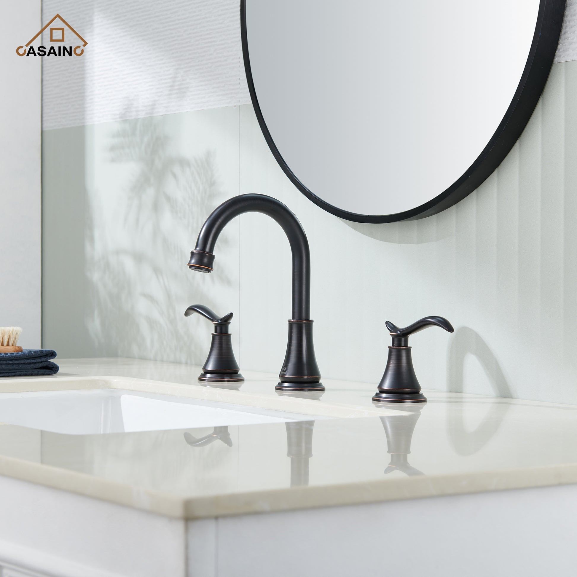 Casainc 8" Brass Bathroom Sink Faucet 2 Handle 3 Hole Gold Bathroom Faucet for Bathroom Sink with Pop-up Drain Assembly Widespread Vanity Faucets 360° Swivel Spout