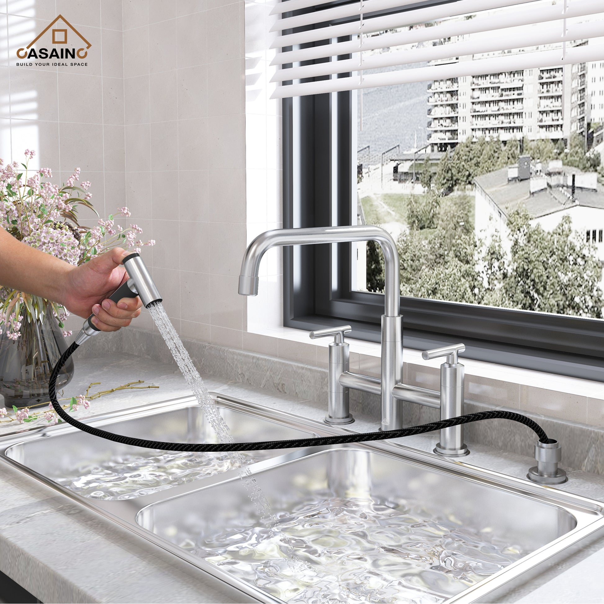 2-Handle Bridge Kitchen Faucet with Pull-Out Side Sprayer in Matte Black/Brushed Nickel/Brushed Gold