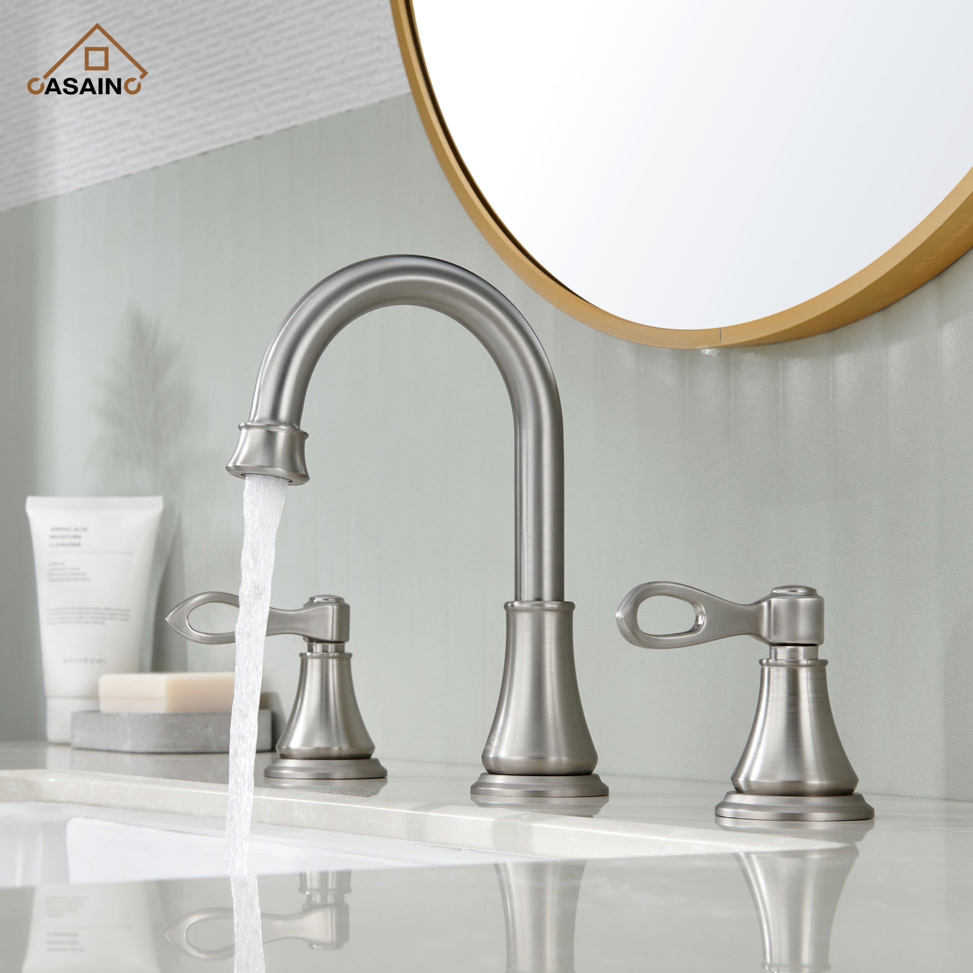 Casainc 8" Brass Bathroom Sink Faucet 3 Hole Gold Bathroom Faucet  2 Handle Gold Faucet for Bathroom Sink with Pop-up Drain Assembly Widespread Vanity Faucets