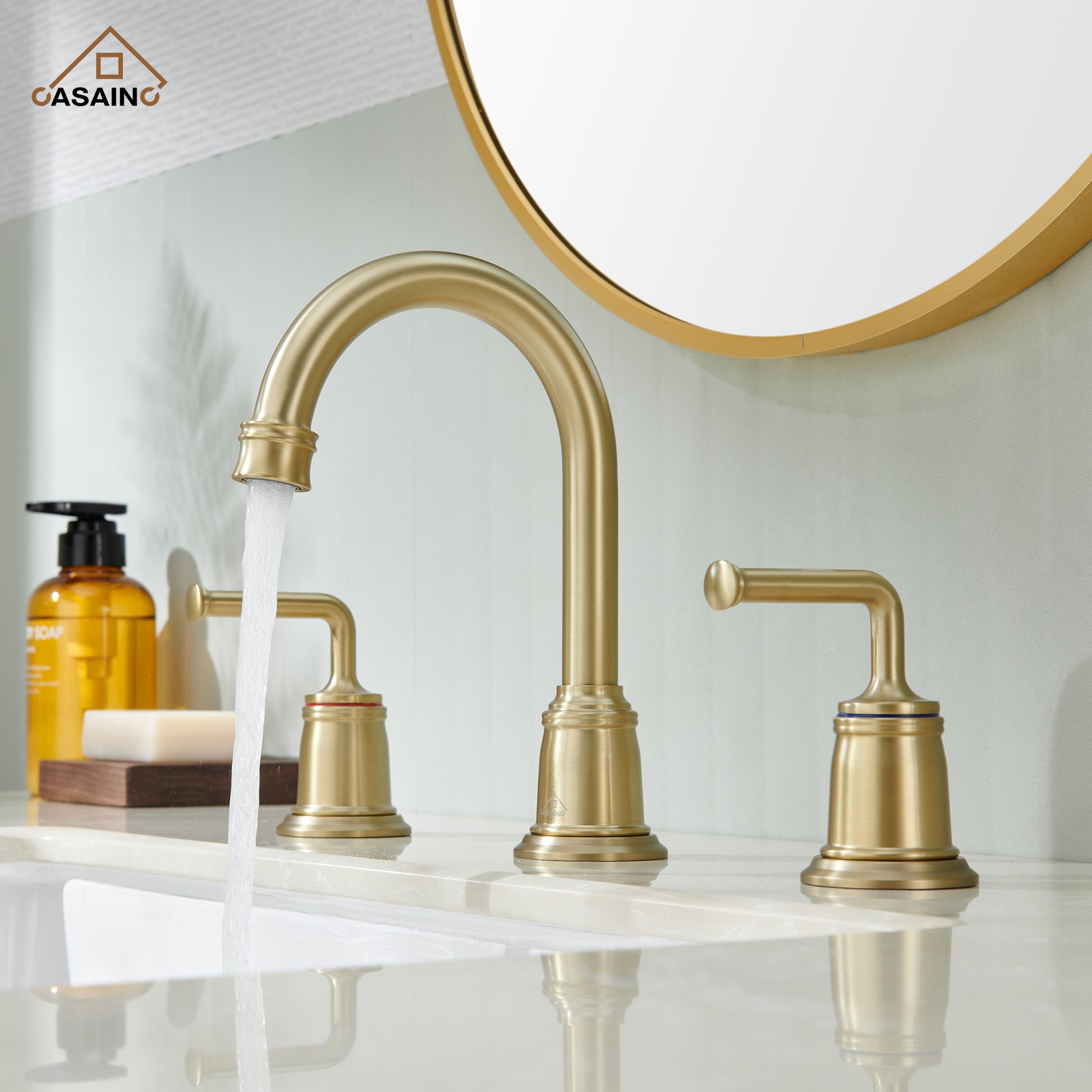 Casainc 8" Brass Bathroom Sink Faucet 2 Handle 3 Hole Gold Bathroom Faucet for Bathroom Sink with Pop-up Drain Assembly Widespread Vanity Faucets