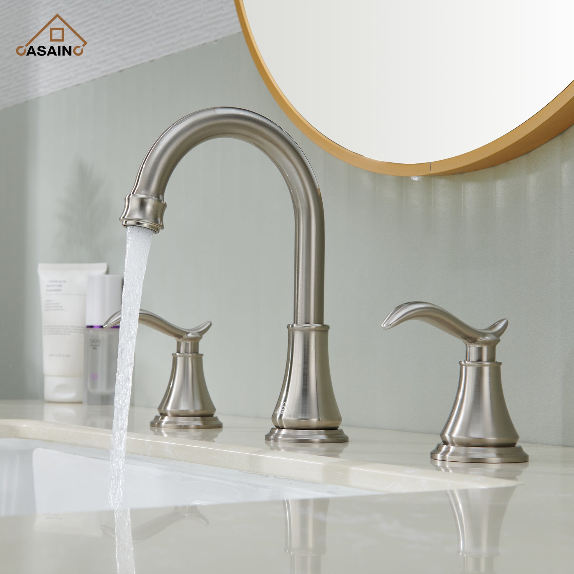 Casainc 8" Brass Bathroom Sink Faucet 2 Handle 3 Hole Gold Bathroom Faucet for Bathroom Sink with Pop-up Drain Assembly Widespread Vanity Faucets 360° Swivel Spout