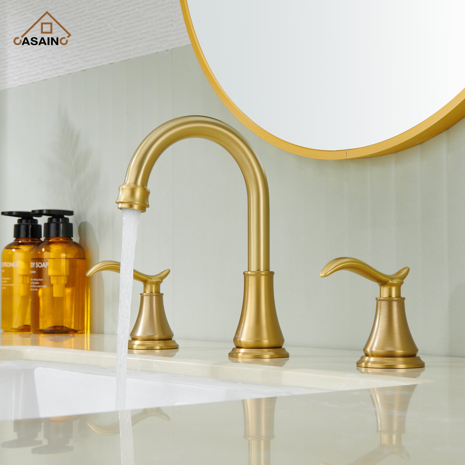 Casainc 8" Brass Bathroom Sink Faucet 2 Handle 3 Hole Gold Bathroom Faucet for Bathroom Sink with Pop-up Drain Assembly Widespread Vanity Faucets 360° Swivel Spout
