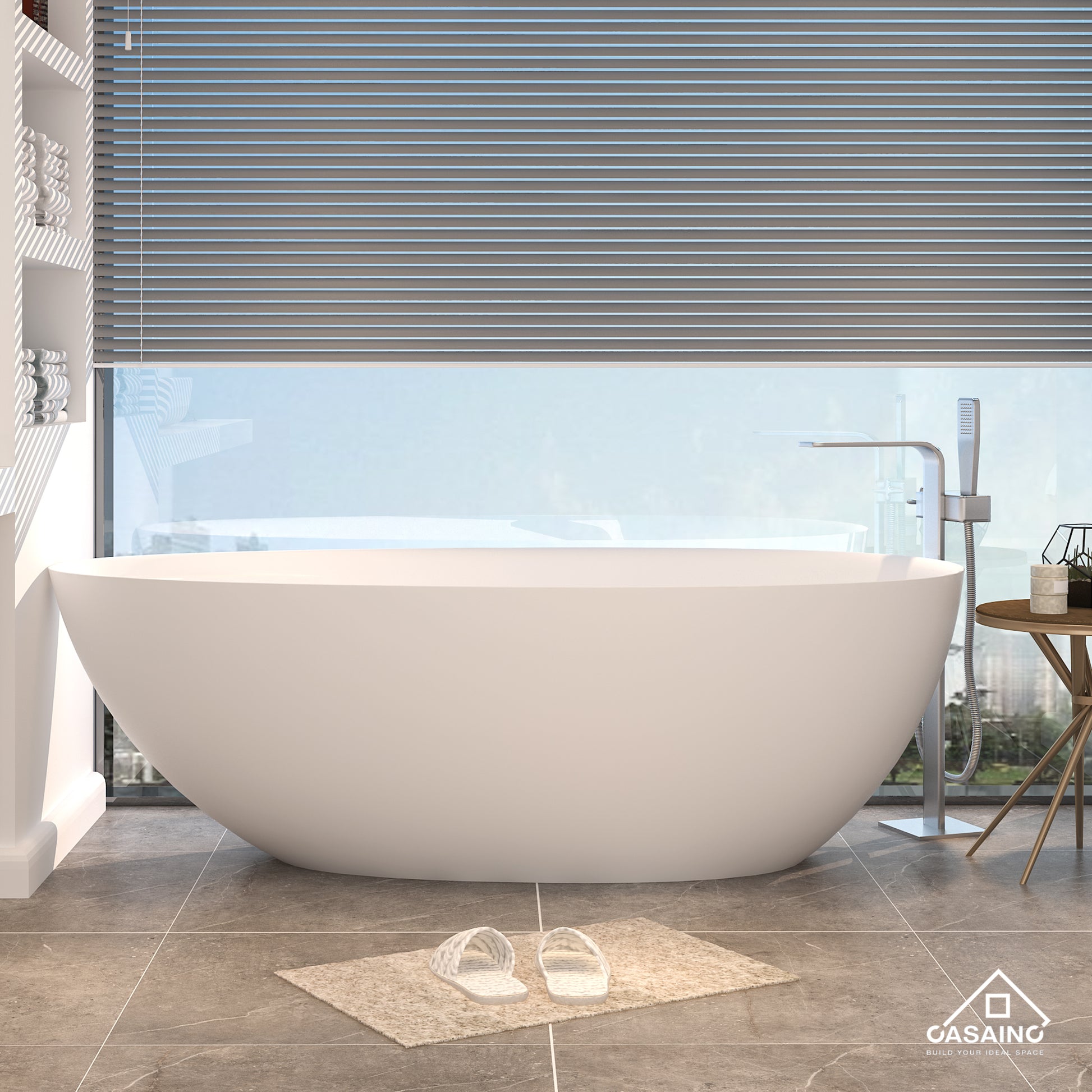 CASAINC 67" Solid Surface Freestanding Bathtub,Egg Shell Shaped Stone Resin Freestanding Tubs with Overflow and  Drain, Matte Black, Matte Grey, Matte White