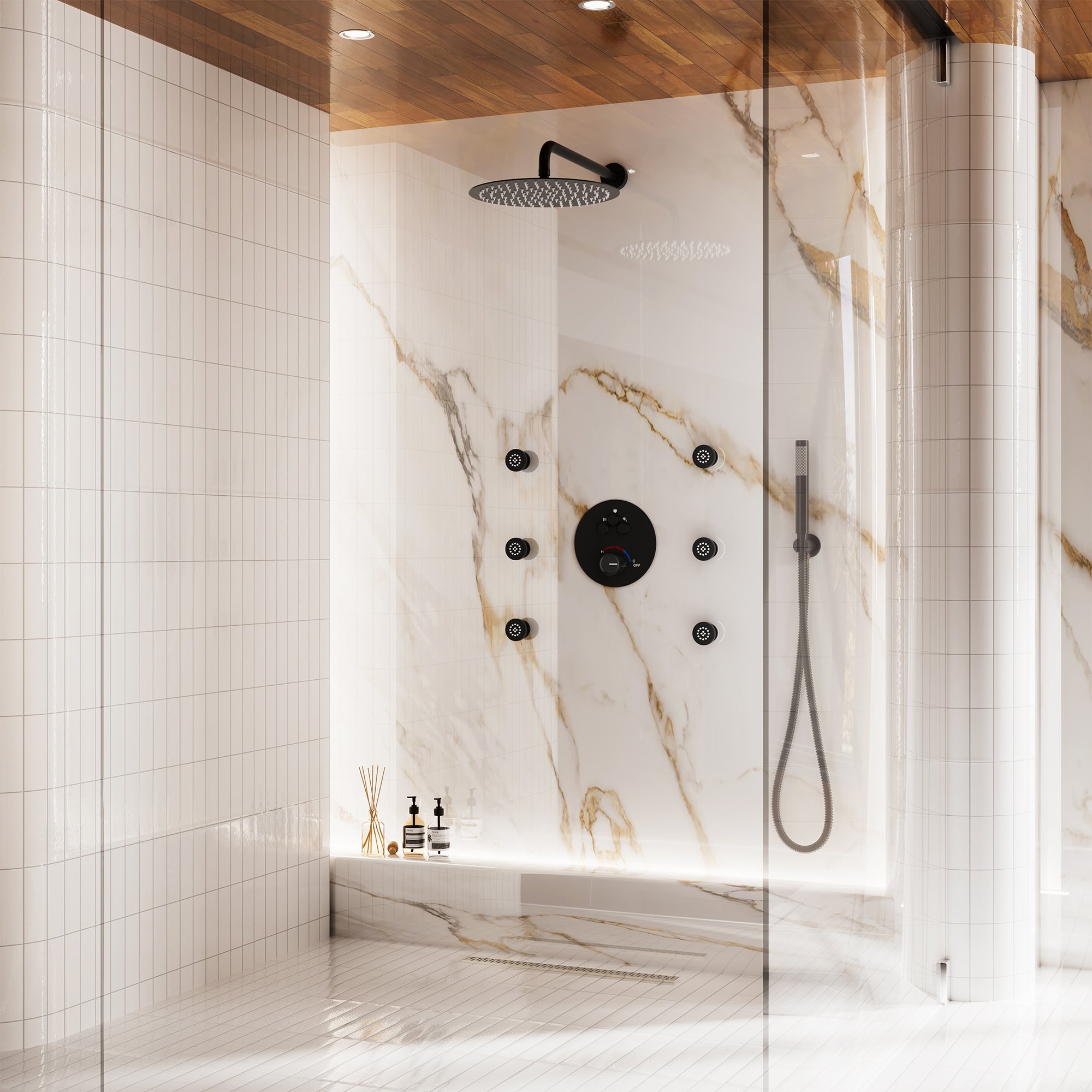 12" Round Rainfall Shower System with 6 Adjustable Body Jets