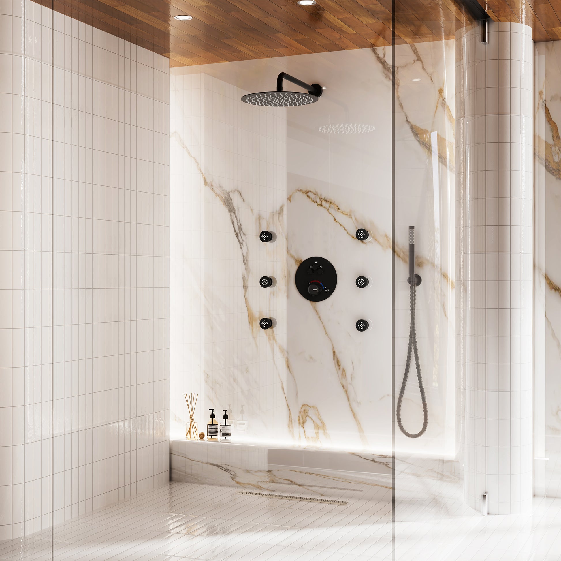 12" Round Rainfall Shower System with 6 Adjustable Body Jets