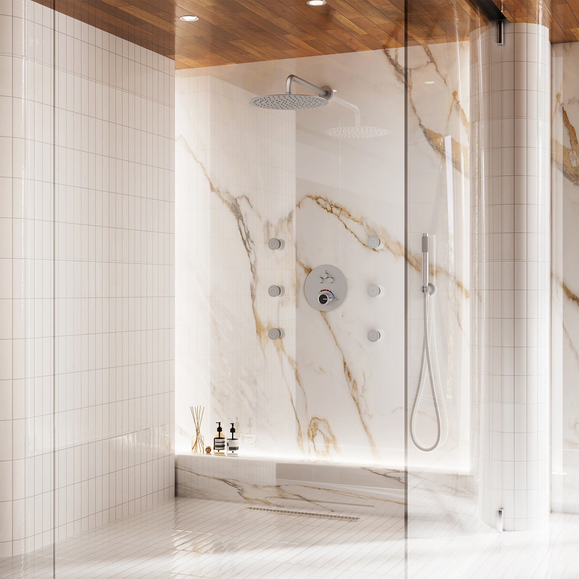 12" Round Rainfall Shower System with 6 Adjustable Body Jets