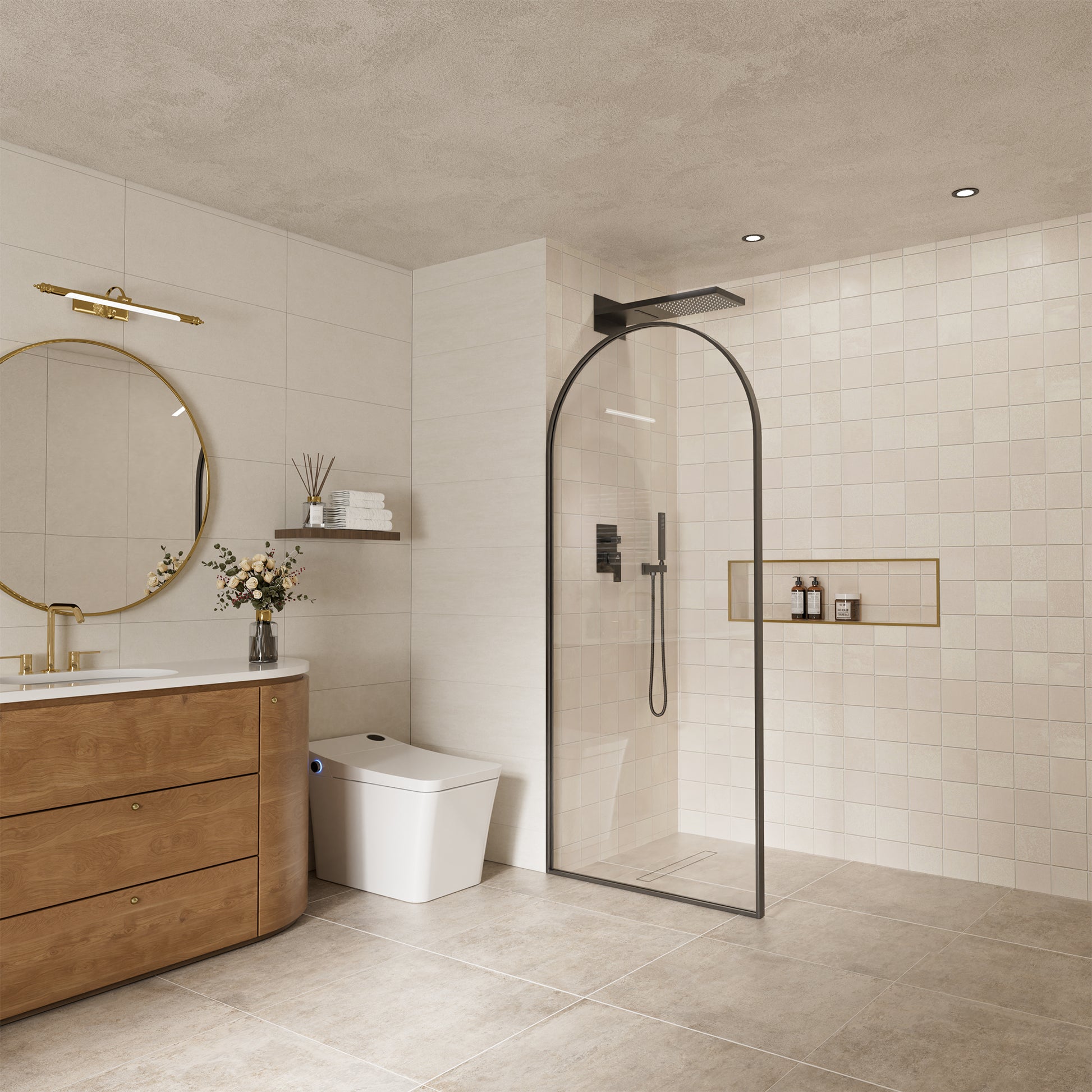34"x78" Tempered Glass Shower Screen with Integrated Curved Frame