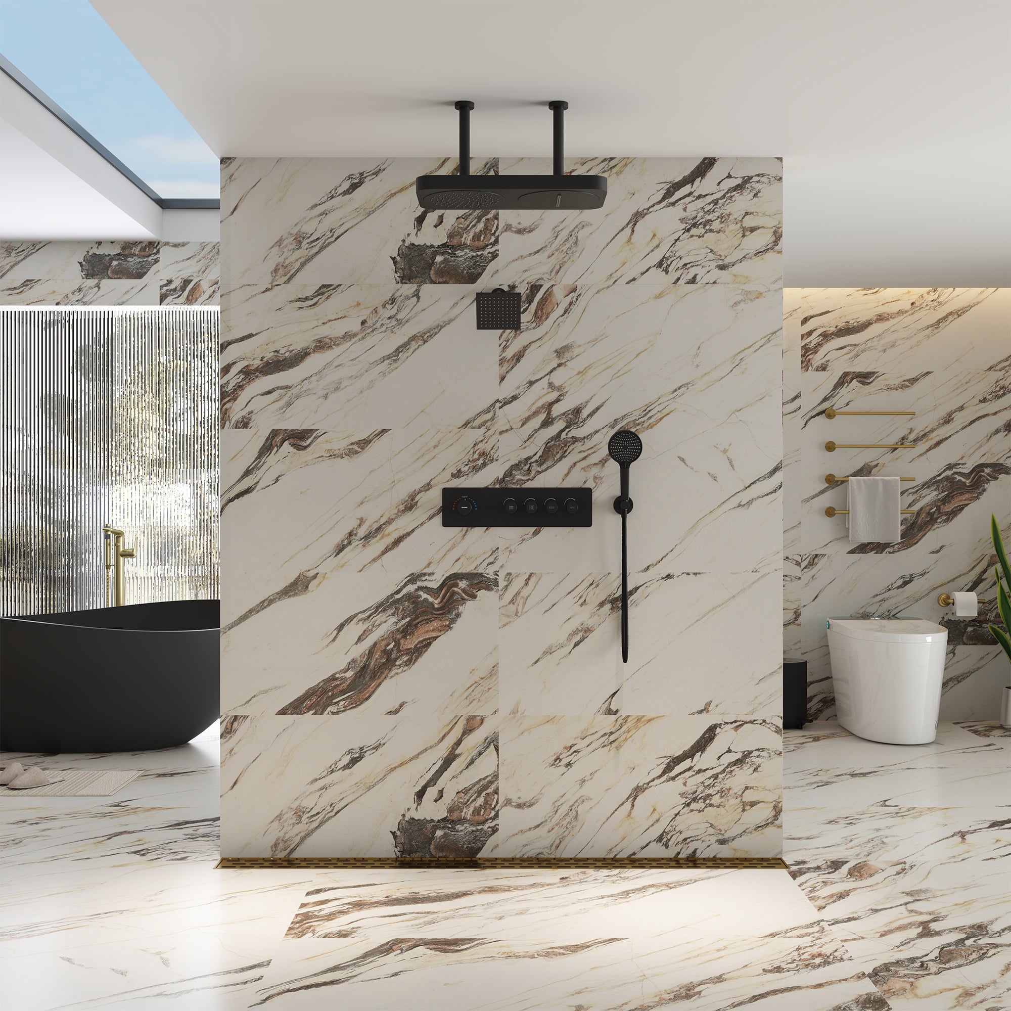 22.56*11.22 inch Ceiling-Mounted 4-Function Thermostatic Dual Shower System with Hand Shower