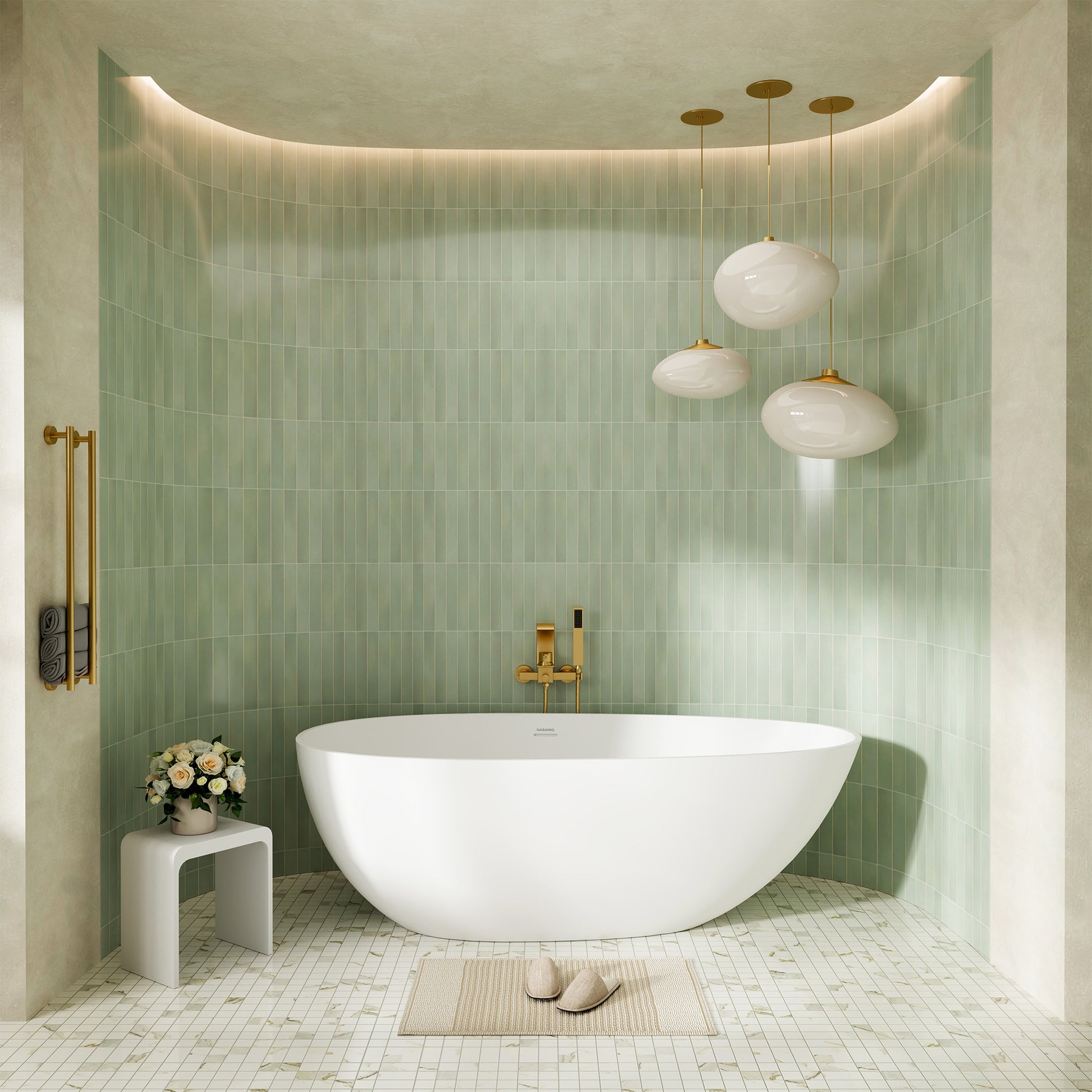 59/63/67/71" Matte White Egg Shell Stone Resin Freestanding Tub with Overflow and Drain - Egg Harbor