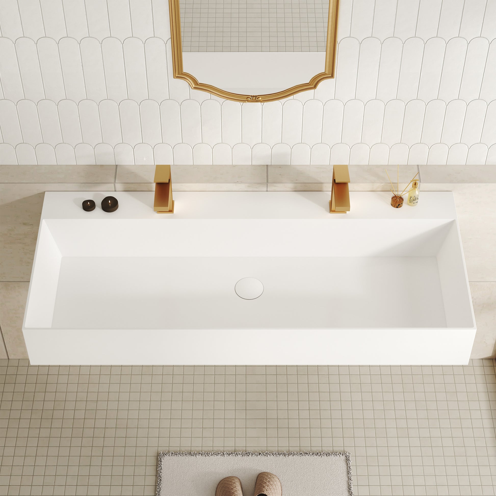 48" Wall Mounted Solid Surface Sink with 2 Faucet Holes